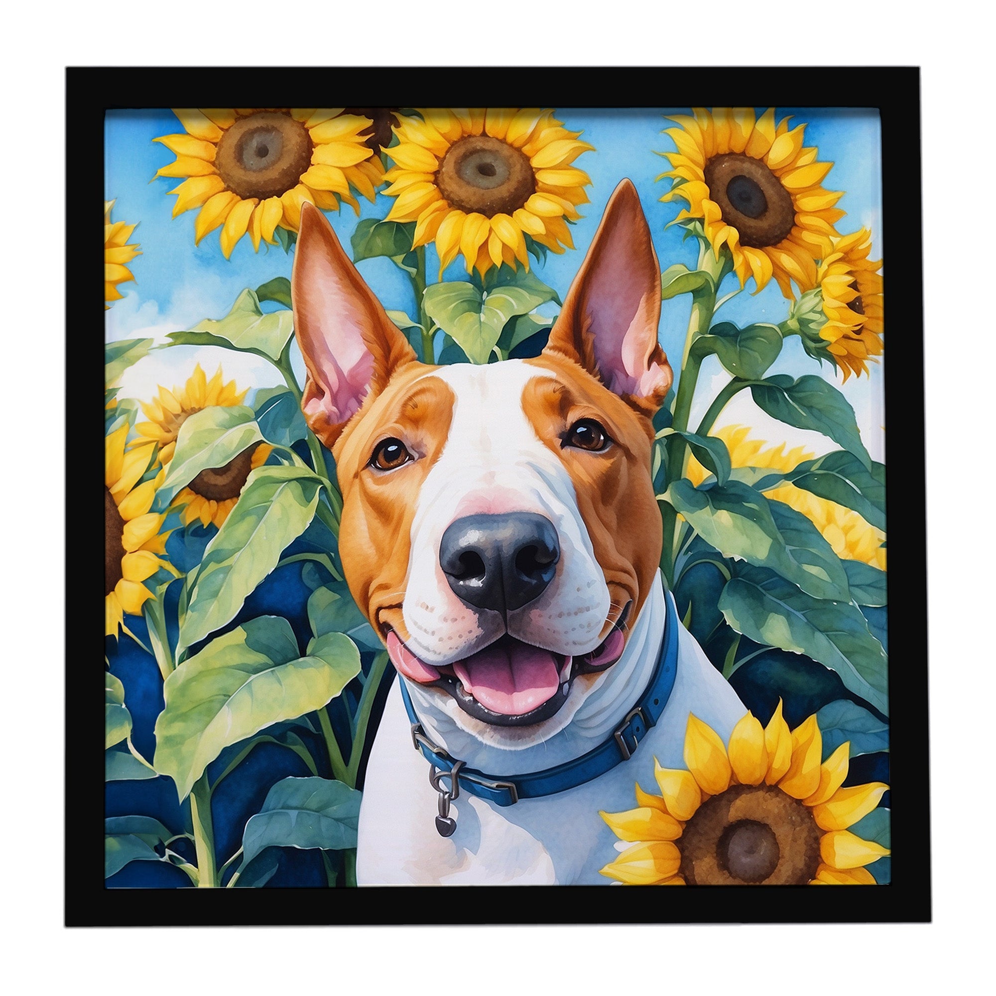 English Bull Terrier in Sunflowers Framed Metal Print Bathroom, Kitchen, Office, Home Decor Wall Art Ready to Hang, Square, 8X8