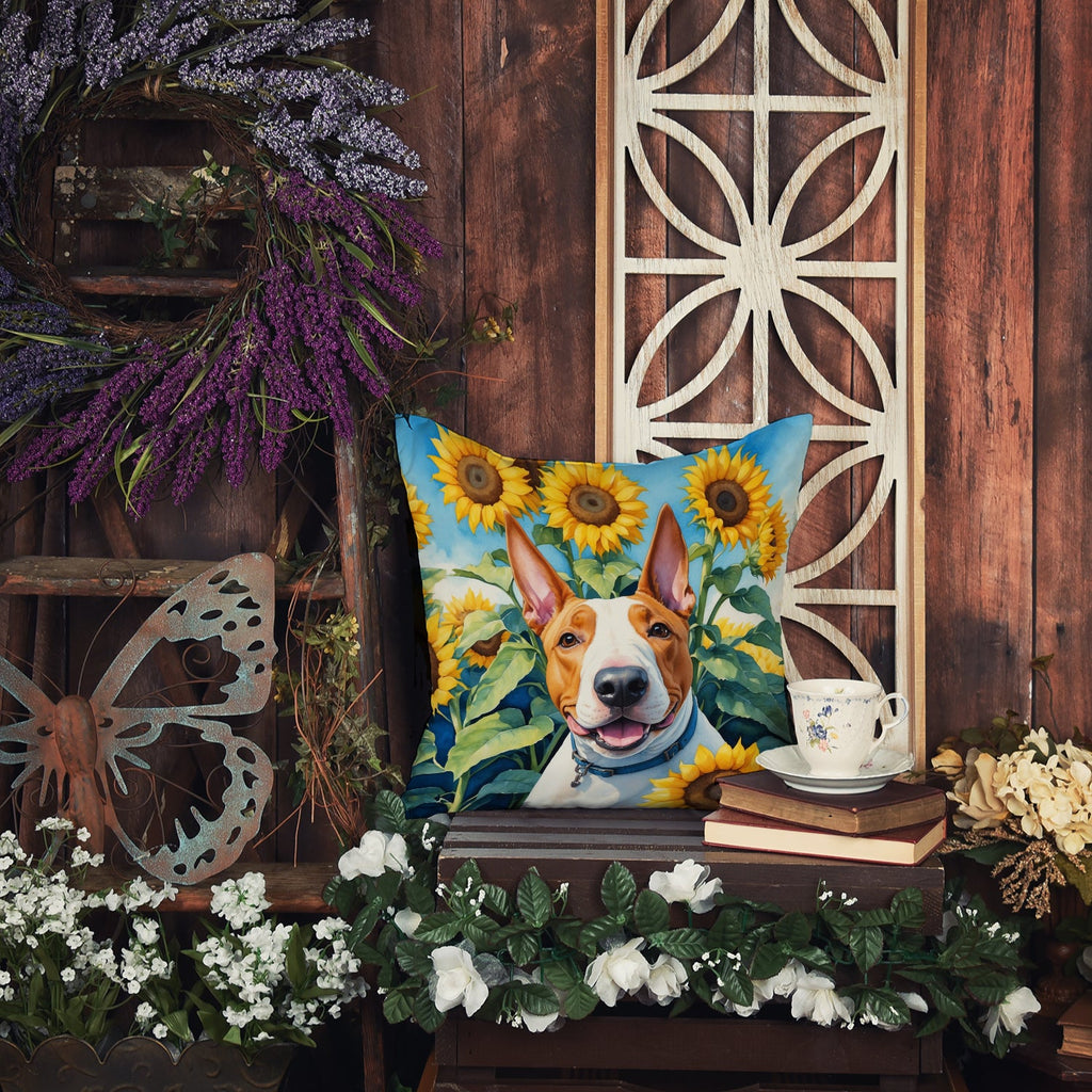 English Bull Terrier in Sunflowers Decorative Throw Pillow 14x14 Indoor Outdoor Accent Cushion, Fabric Cover with Insert for Sofa, Bed, Porch & Living Room