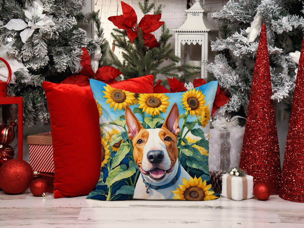English Bull Terrier in Sunflowers Decorative Throw Pillow 14x14 Indoor Outdoor Accent Cushion, Fabric Cover with Insert for Sofa, Bed, Porch & Living Room