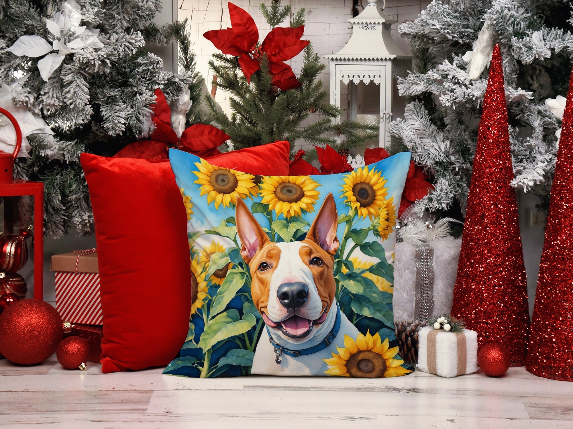 English Bull Terrier in Sunflowers Decorative Throw Pillow 14x14 Indoor Outdoor Accent Cushion, Fabric Cover with Insert for Sofa, Bed, Porch & Living Room