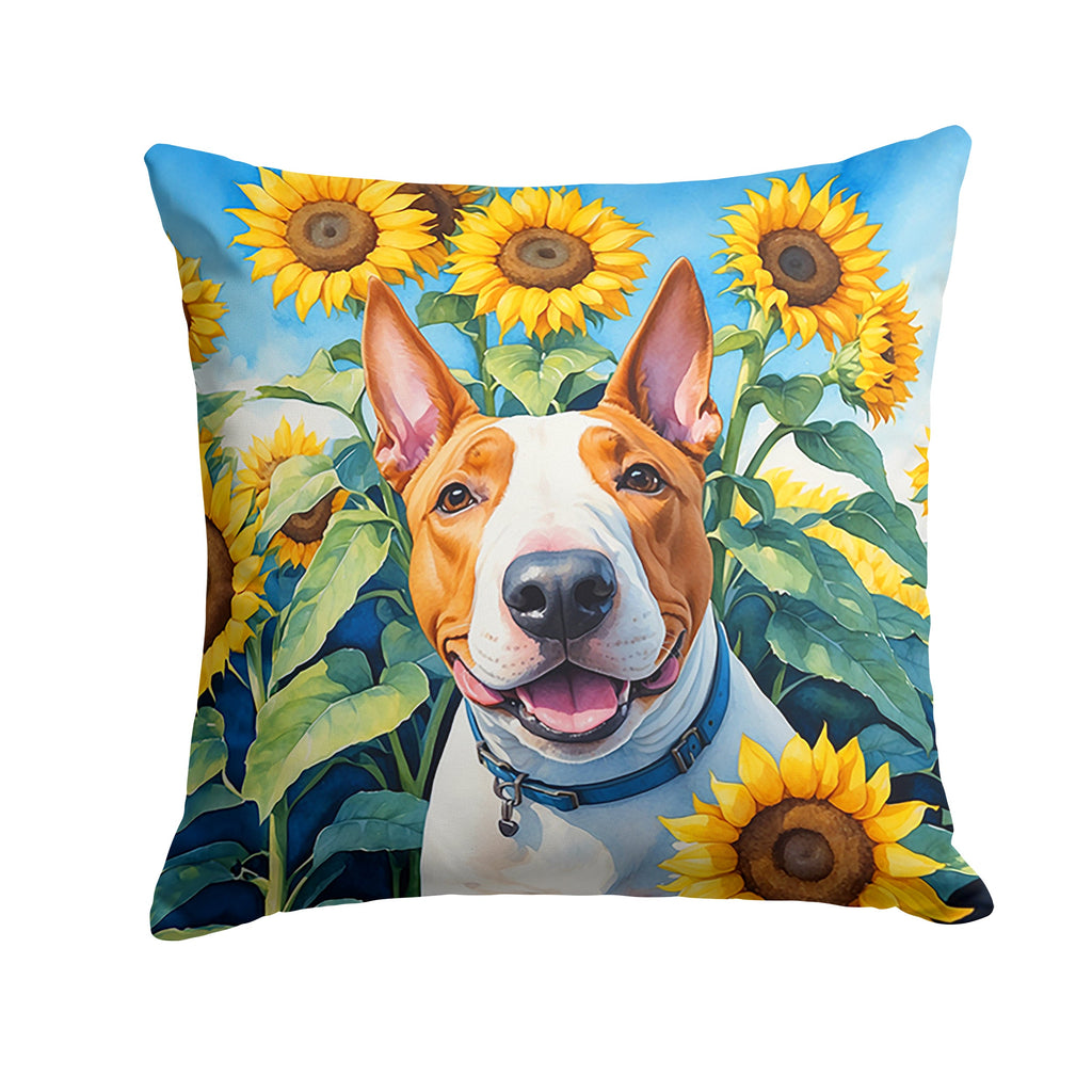 English Bull Terrier in Sunflowers Decorative Throw Pillow 18x18 Indoor Outdoor Accent Cushion, Fabric Cover with Insert for Sofa, Bed, Porch & Living Room