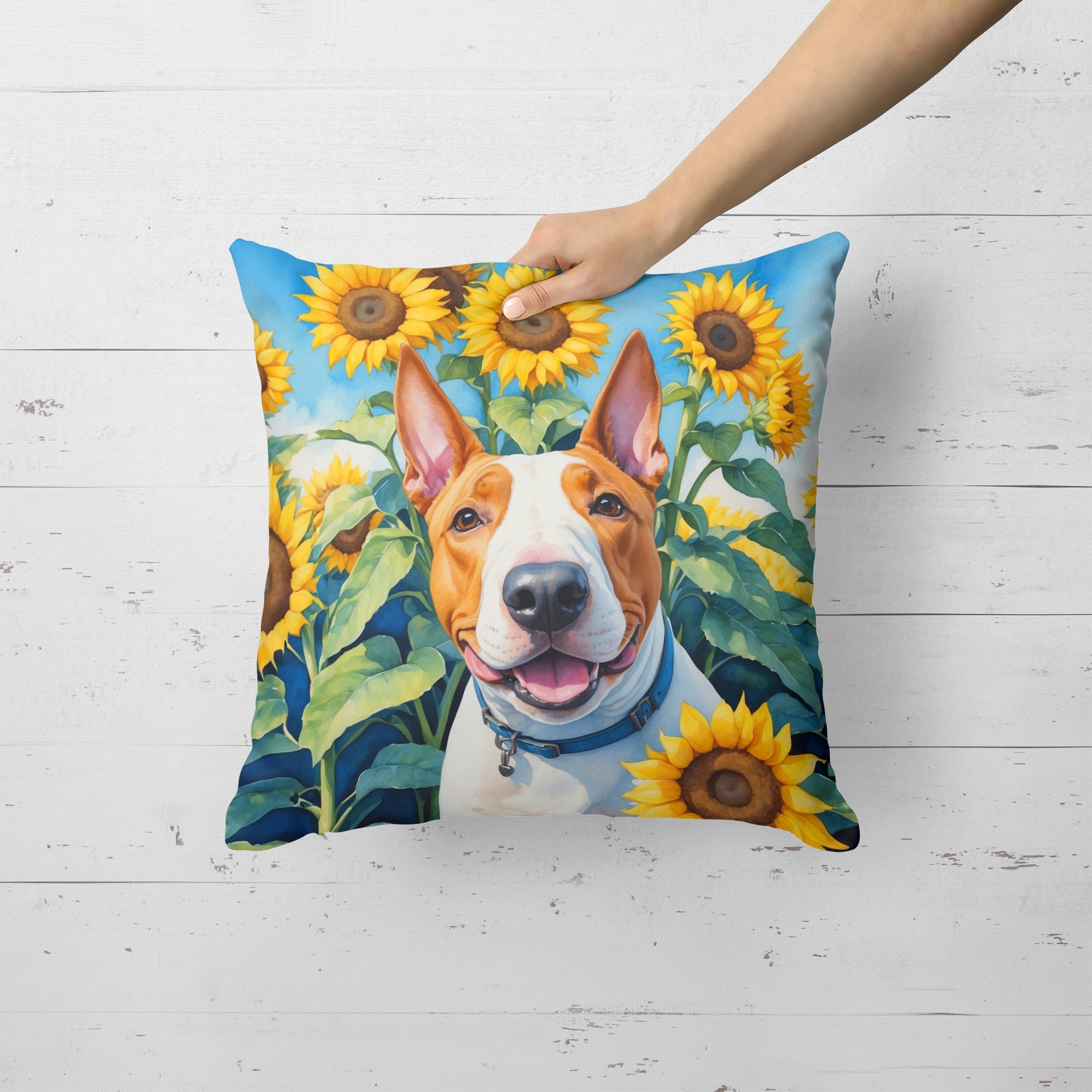English Bull Terrier in Sunflowers Decorative Throw Pillow 18x18 Indoor Outdoor Accent Cushion, Fabric Cover with Insert for Sofa, Bed, Porch & Living Room