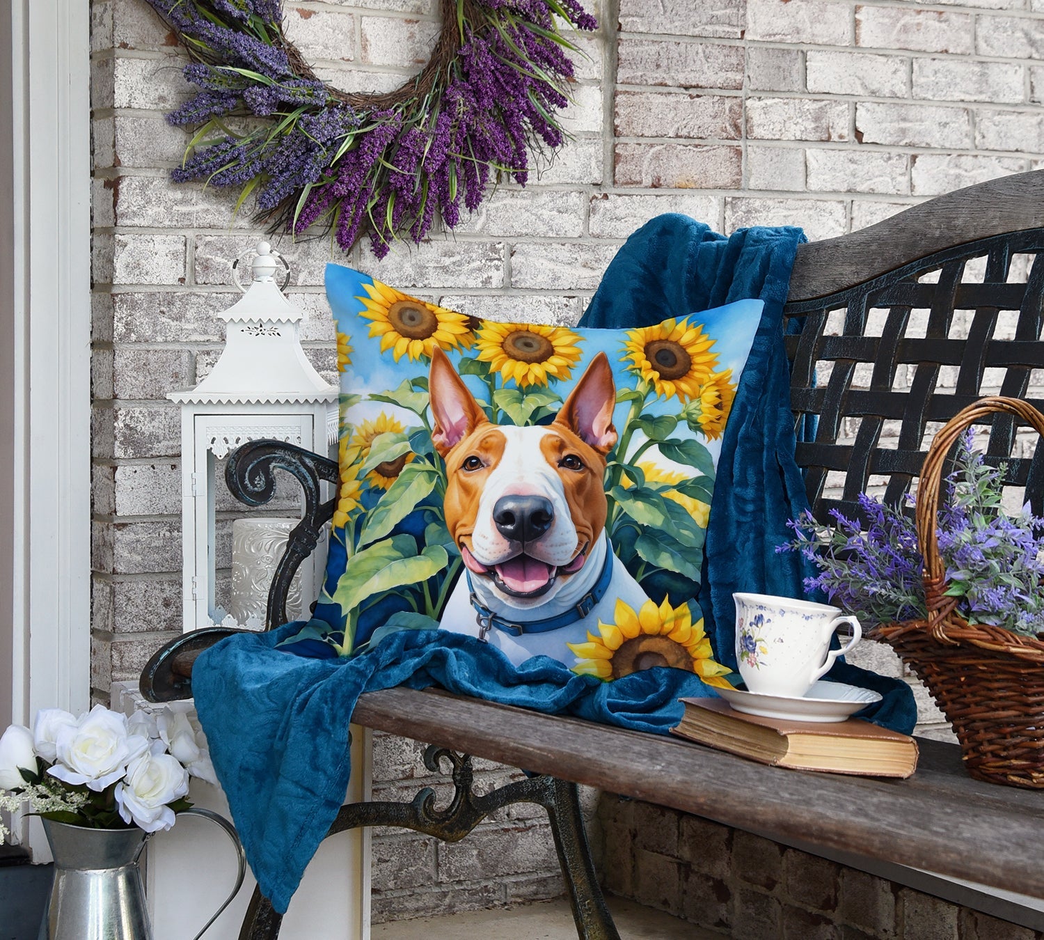 English Bull Terrier in Sunflowers Decorative Throw Pillow 18x18 Indoor Outdoor Accent Cushion, Fabric Cover with Insert for Sofa, Bed, Porch & Living Room