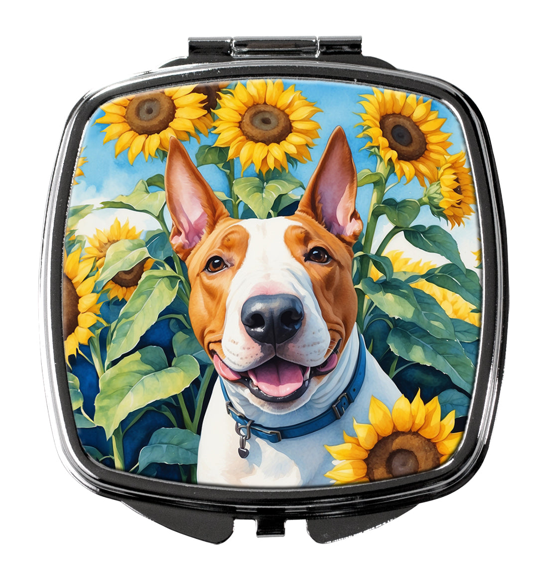 English Bull Terrier in Sunflowers Compact Mirror Decorative Travel Makeup Mirror for Women Girls Gifts Pocket Makeup Mirror Folding Handheld
