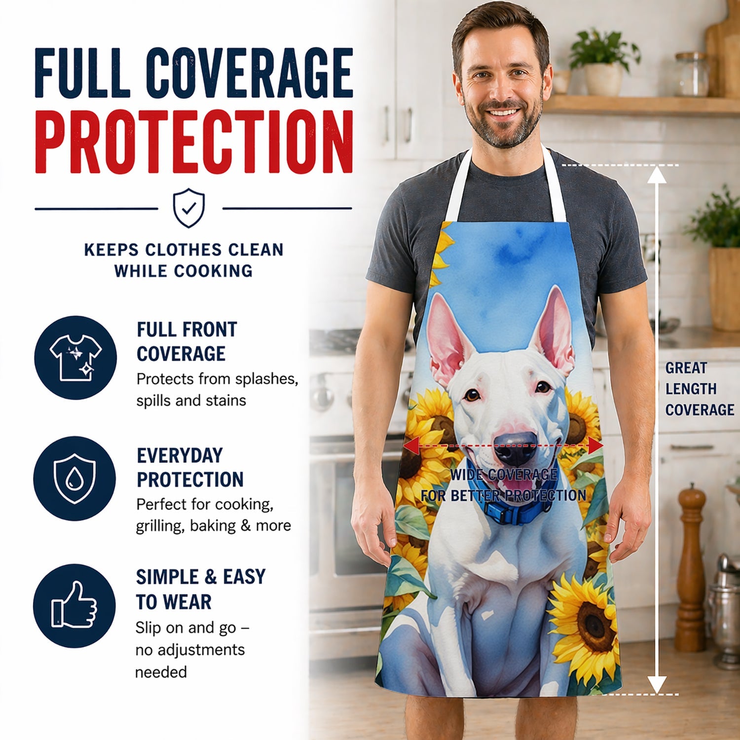 English Bull Terrier in Sunflowers Apron Cooking Kitchen Server Baking Crafts Gardening for Adult Women Men, Unisex, Large, Multicolor