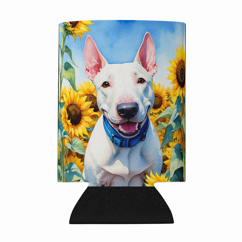 English Bull Terrier in Sunflowers Can or Bottle Hugger Cooler Sleeve for Standard 12 oz Cans, Insulated Foam Beer & Soda Can Hugger Reusable