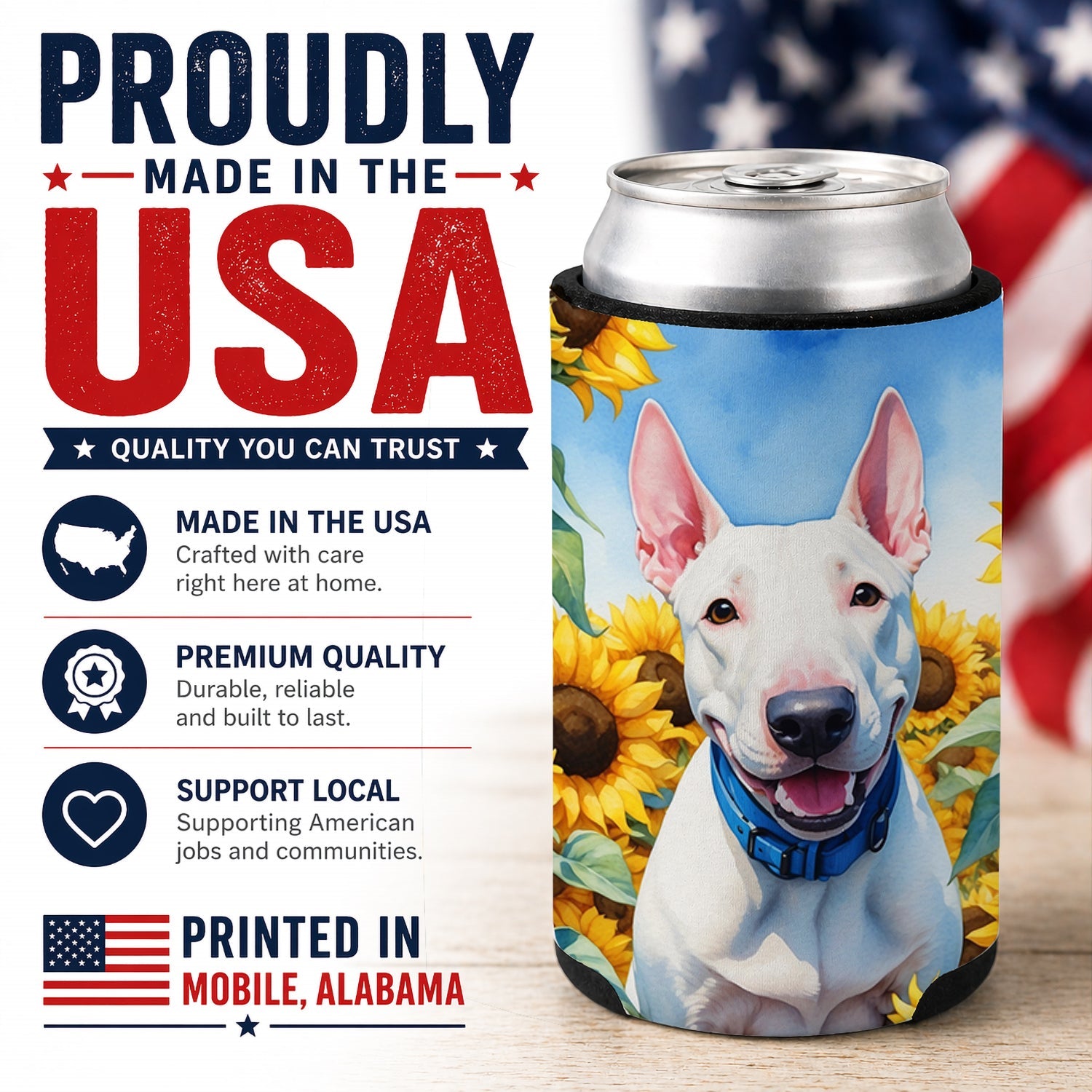 English Bull Terrier in Sunflowers Can or Bottle Hugger Cooler Sleeve for Standard 12 oz Cans, Insulated Foam Beer & Soda Can Hugger Reusable