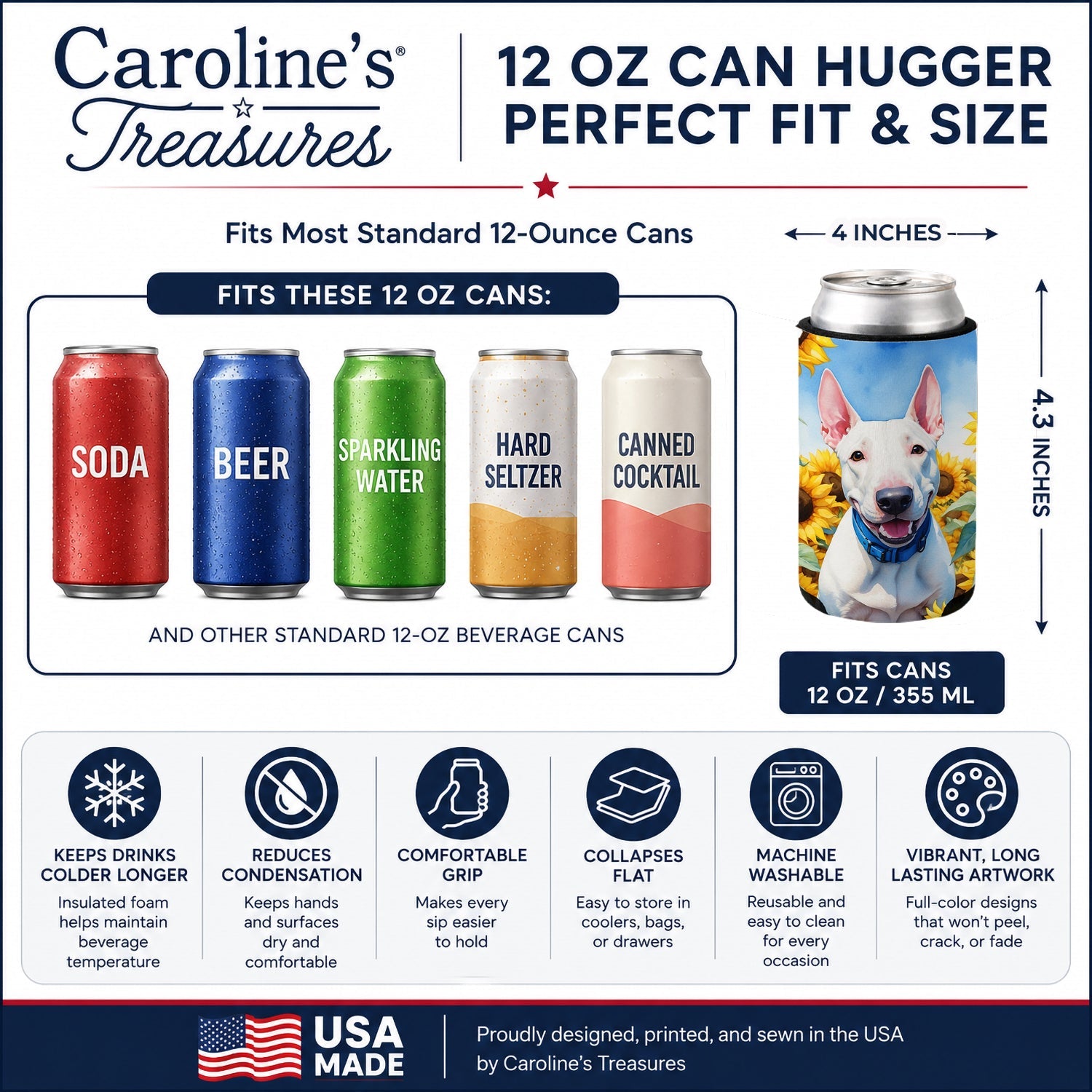 English Bull Terrier in Sunflowers Can or Bottle Hugger Cooler Sleeve for Standard 12 oz Cans, Insulated Foam Beer & Soda Can Hugger Reusable