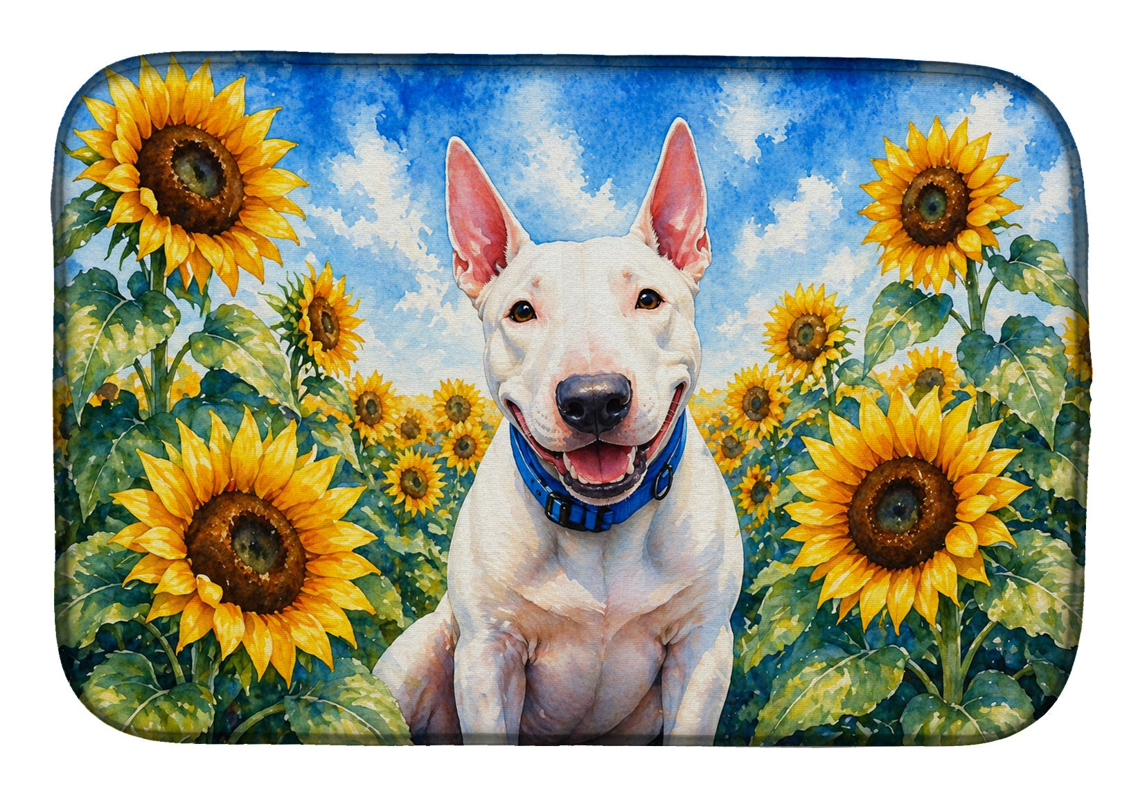 English Bull Terrier in Sunflowers Dish Drying Mat Absorbent Dish Drying Mat Pad for Kitchen Counter Dish Drainer Mat for Countertop, 14 x 21", Multicolor