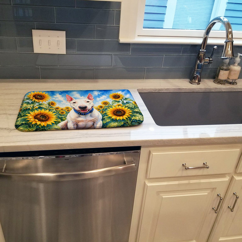 English Bull Terrier in Sunflowers Dish Drying Mat Absorbent Dish Drying Mat Pad for Kitchen Counter Dish Drainer Mat for Countertop, 14 x 21", Multicolor