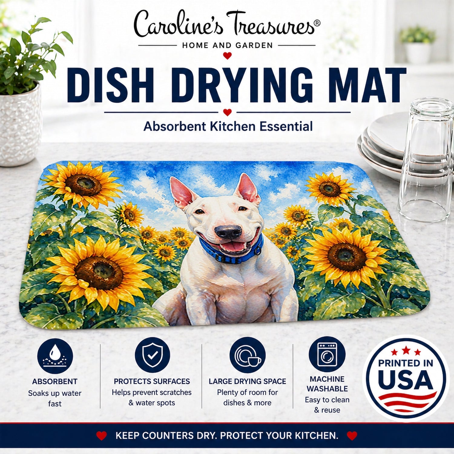 English Bull Terrier in Sunflowers Dish Drying Mat Absorbent Dish Drying Mat Pad for Kitchen Counter Dish Drainer Mat for Countertop, 14 x 21", Multicolor