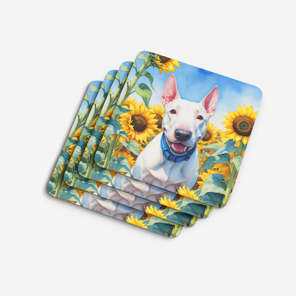 English Bull Terrier in Sunflowers Foam Coasters Set of 4 Cup Coasters for Indoor Outdoor, Tabletop Protection, Anti Slip, Mouse pad Material