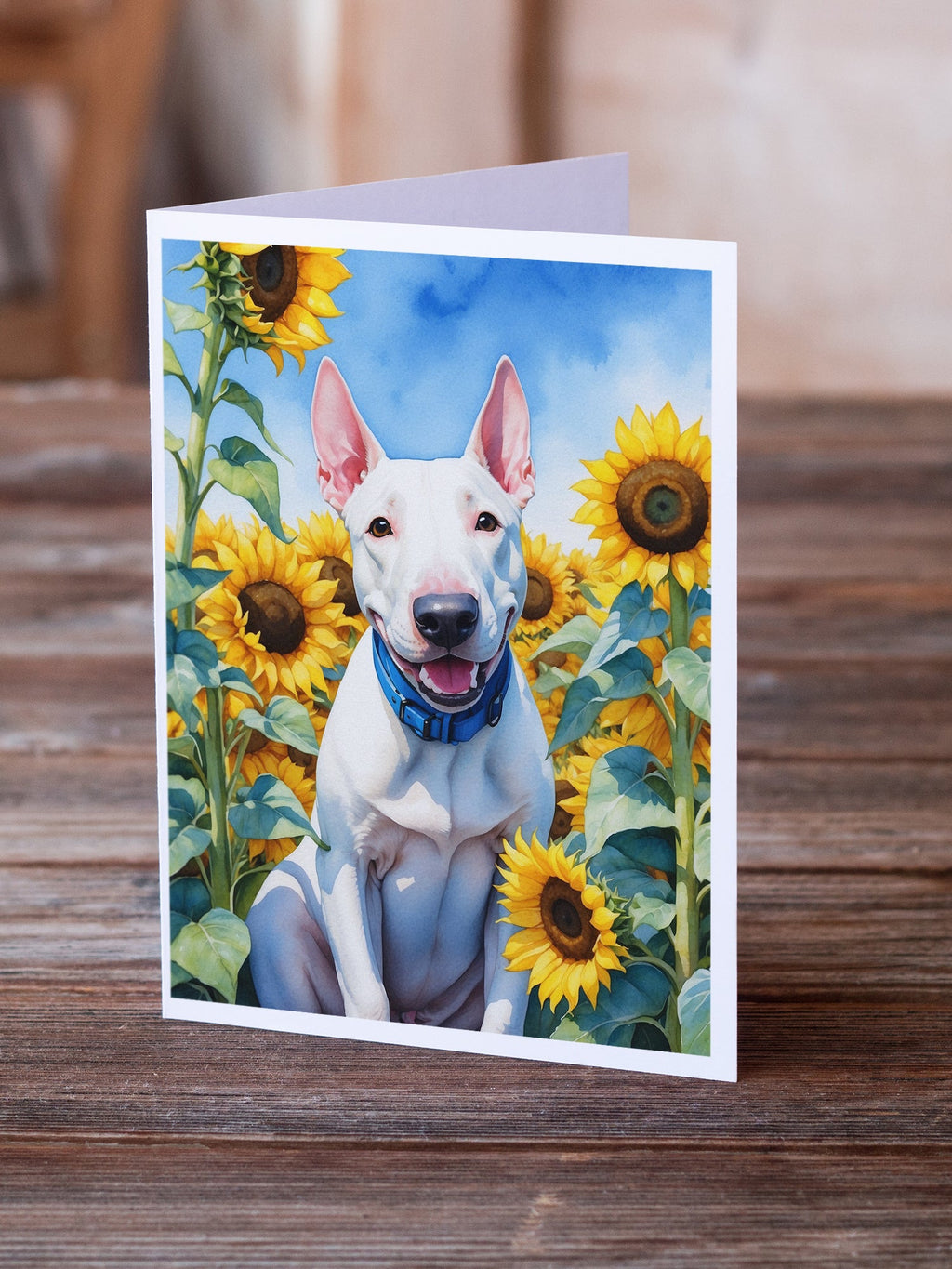 English Bull Terrier in Sunflowers Greeting Cards Pack of 8 Blank Cards with Envelopes Whimsical A7 Size 5x7