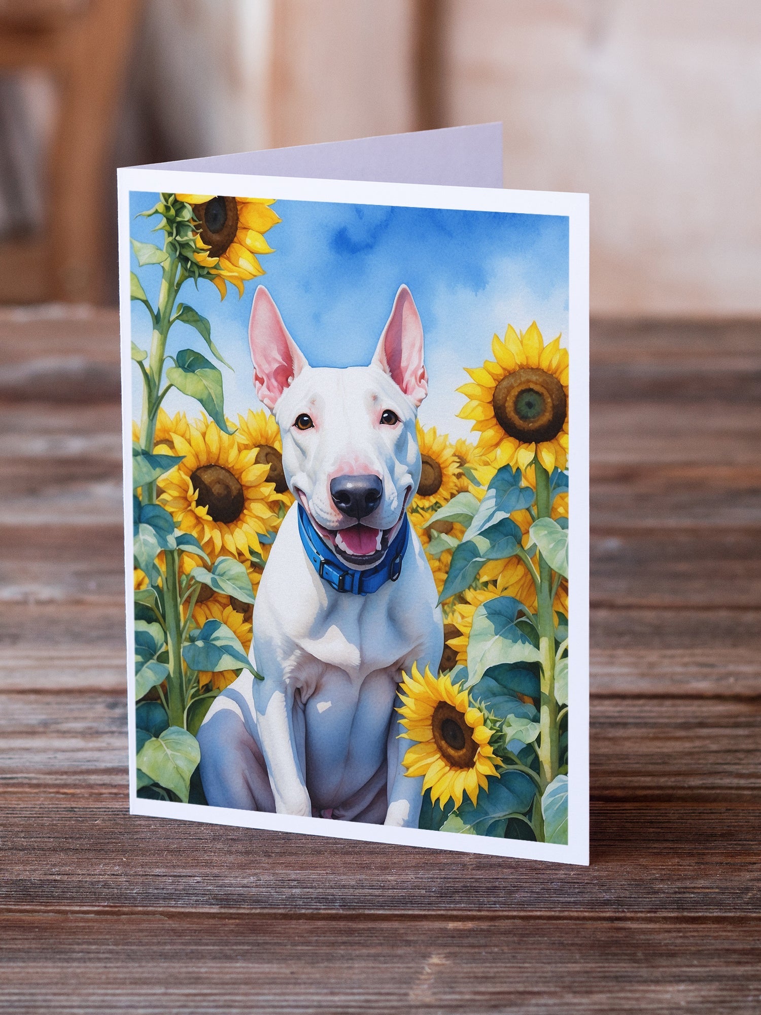 English Bull Terrier in Sunflowers Greeting Cards Pack of 8 Blank Cards with Envelopes Whimsical A7 Size 5x7