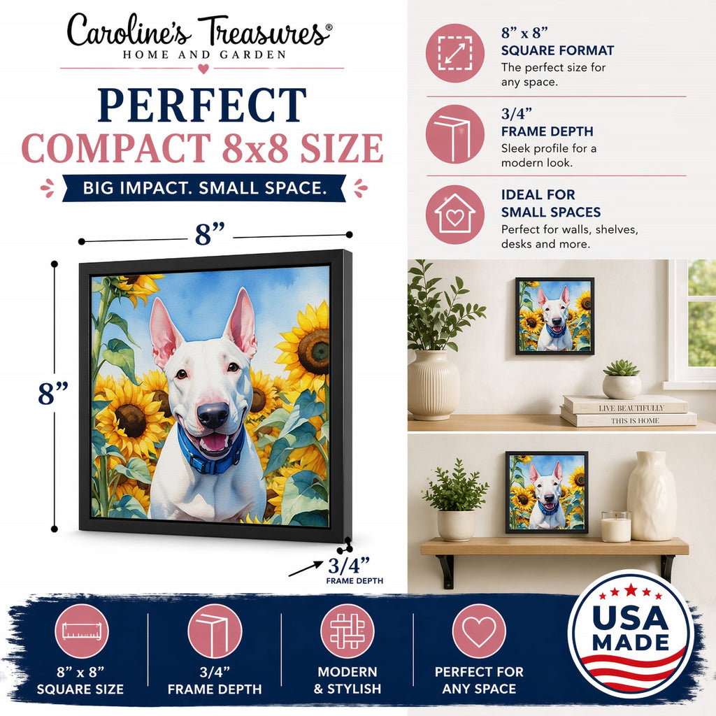 English Bull Terrier in Sunflowers Framed Metal Print Bathroom, Kitchen, Office, Home Decor Wall Art Ready to Hang, Square, 8X8