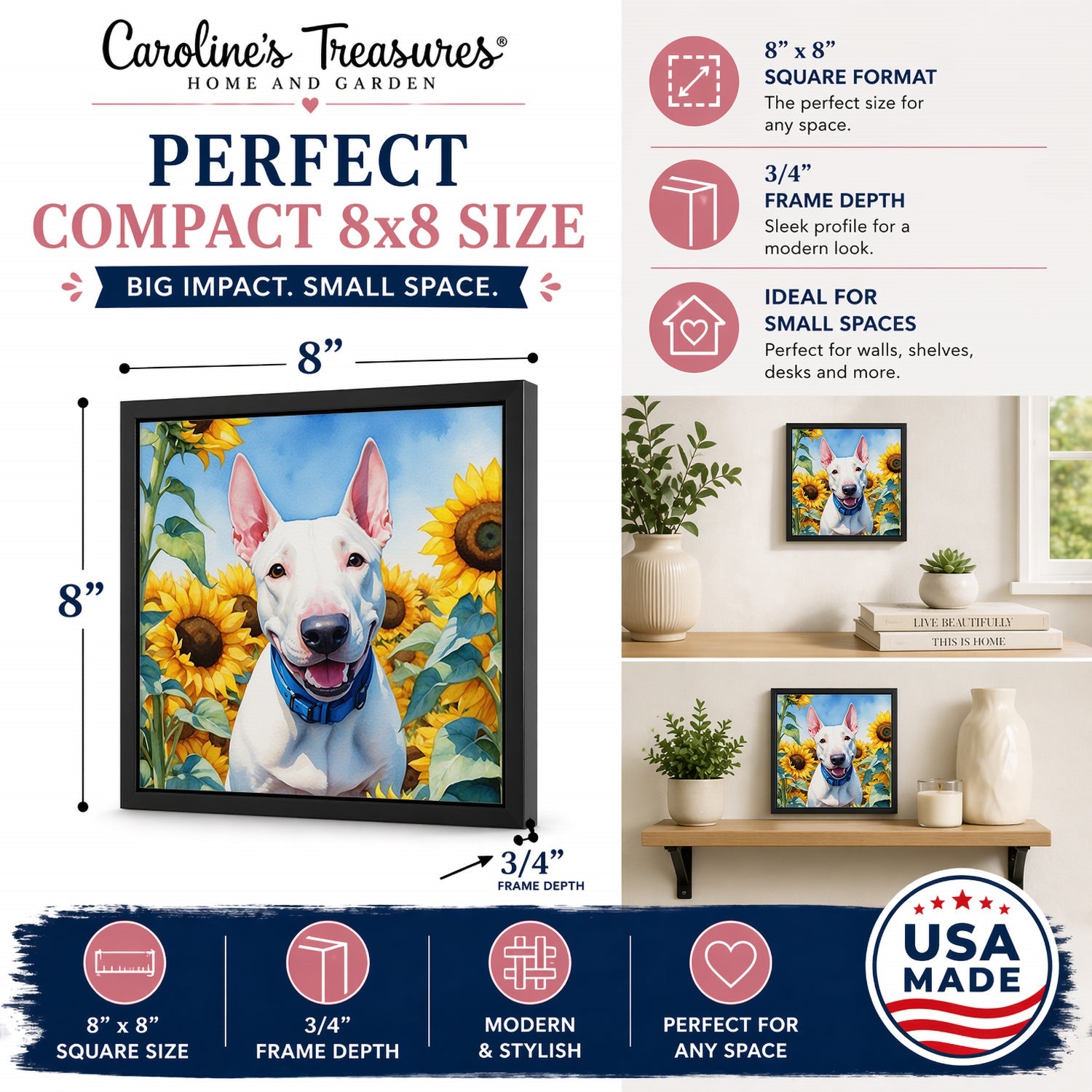 English Bull Terrier in Sunflowers Framed Metal Print Bathroom, Kitchen, Office, Home Decor Wall Art Ready to Hang, Square, 8X8