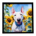 English Bull Terrier in Sunflowers Framed Metal Print Bathroom, Kitchen, Office, Home Decor Wall Art Ready to Hang, Square, 8X8