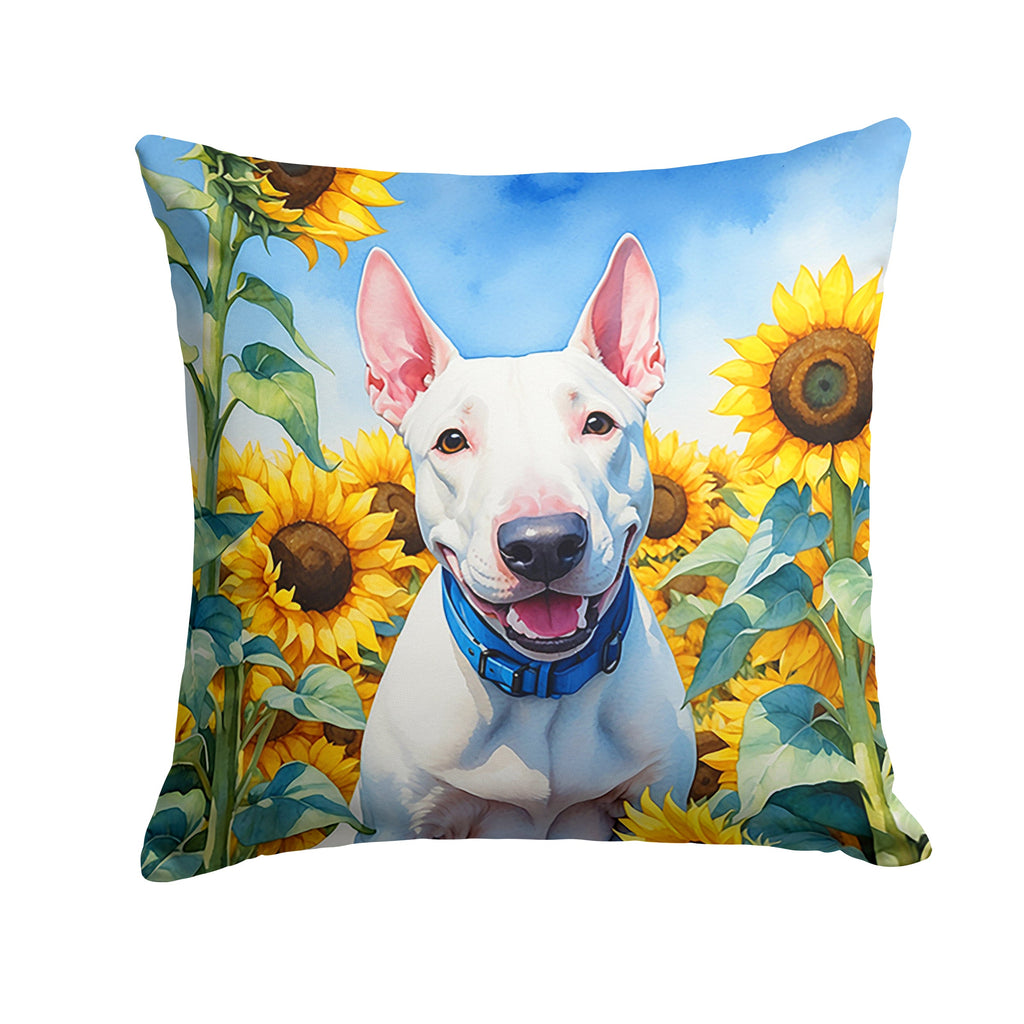 English Bull Terrier in Sunflowers Decorative Throw Pillow 14x14 Indoor Outdoor Accent Cushion, Fabric Cover with Insert for Sofa, Bed, Porch & Living Room