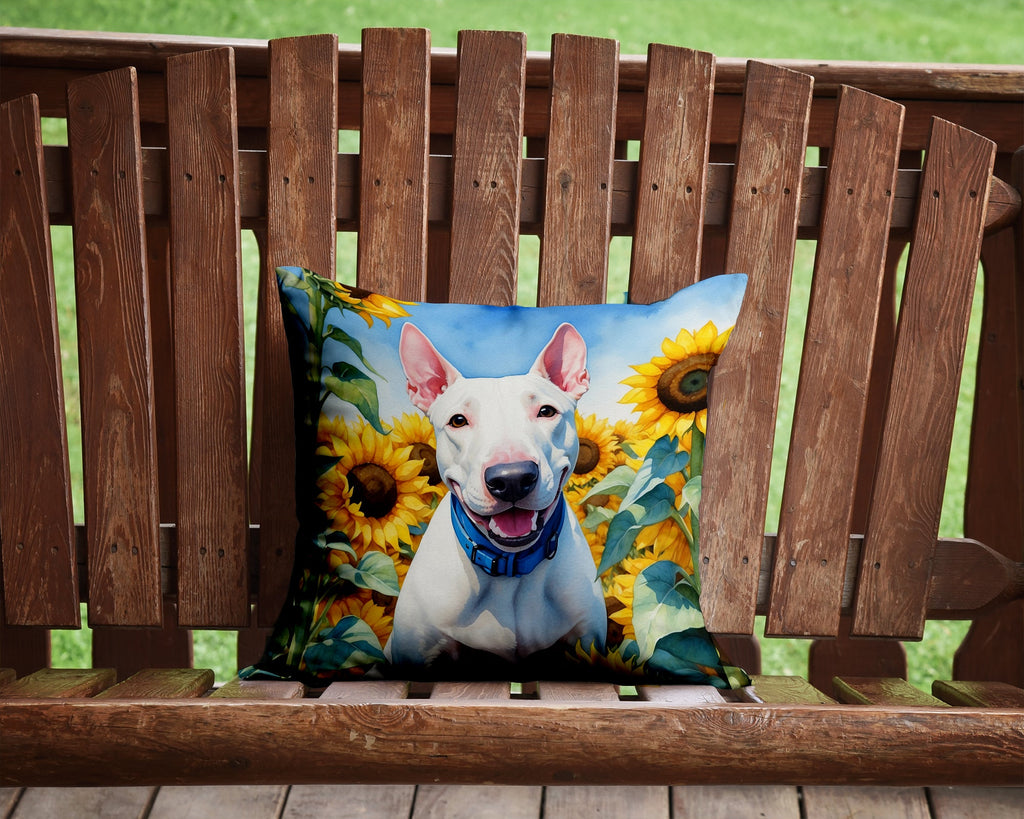 English Bull Terrier in Sunflowers Decorative Throw Pillow 14x14 Indoor Outdoor Accent Cushion, Fabric Cover with Insert for Sofa, Bed, Porch & Living Room
