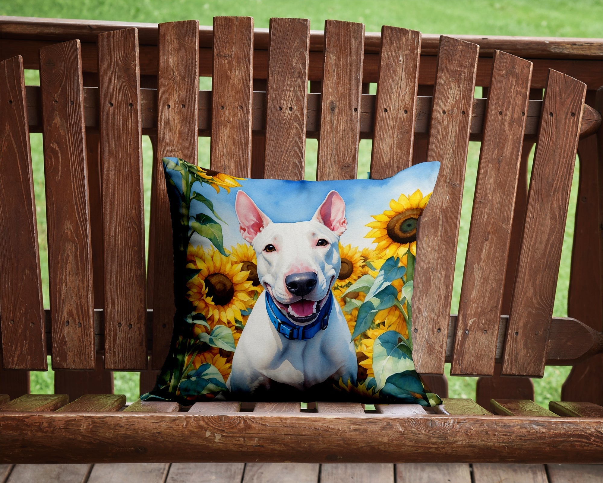 English Bull Terrier in Sunflowers Decorative Throw Pillow 14x14 Indoor Outdoor Accent Cushion, Fabric Cover with Insert for Sofa, Bed, Porch & Living Room