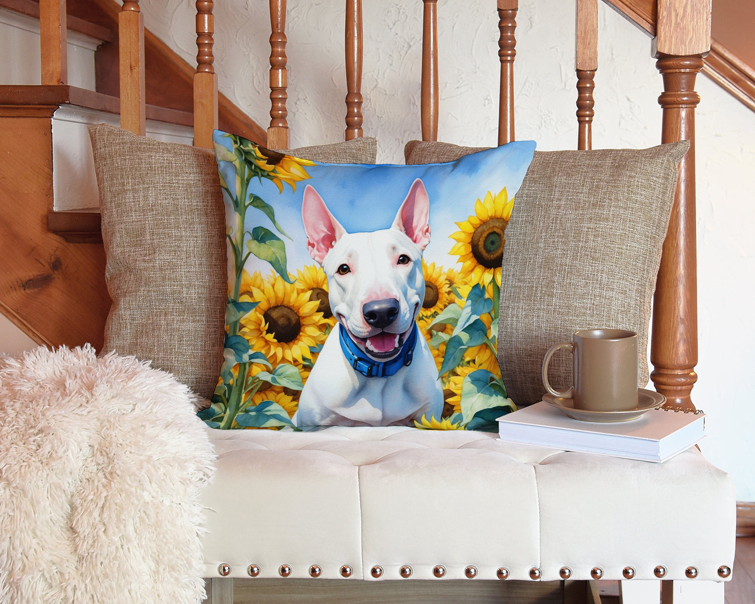 English Bull Terrier in Sunflowers Decorative Throw Pillow 14x14 Indoor Outdoor Accent Cushion, Fabric Cover with Insert for Sofa, Bed, Porch & Living Room