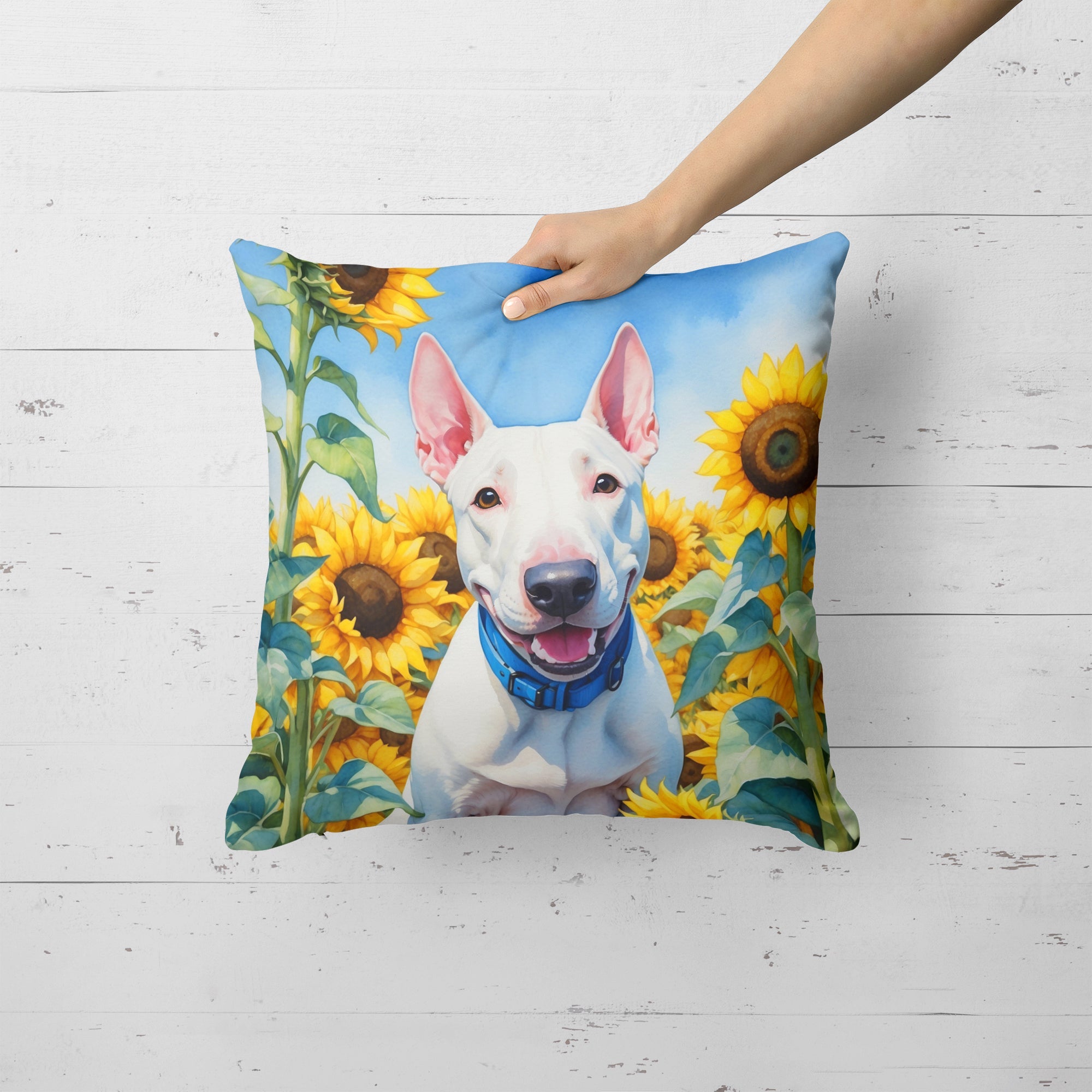 English Bull Terrier in Sunflowers Decorative Throw Pillow 18x18 Indoor Outdoor Accent Cushion, Fabric Cover with Insert for Sofa, Bed, Porch & Living Room