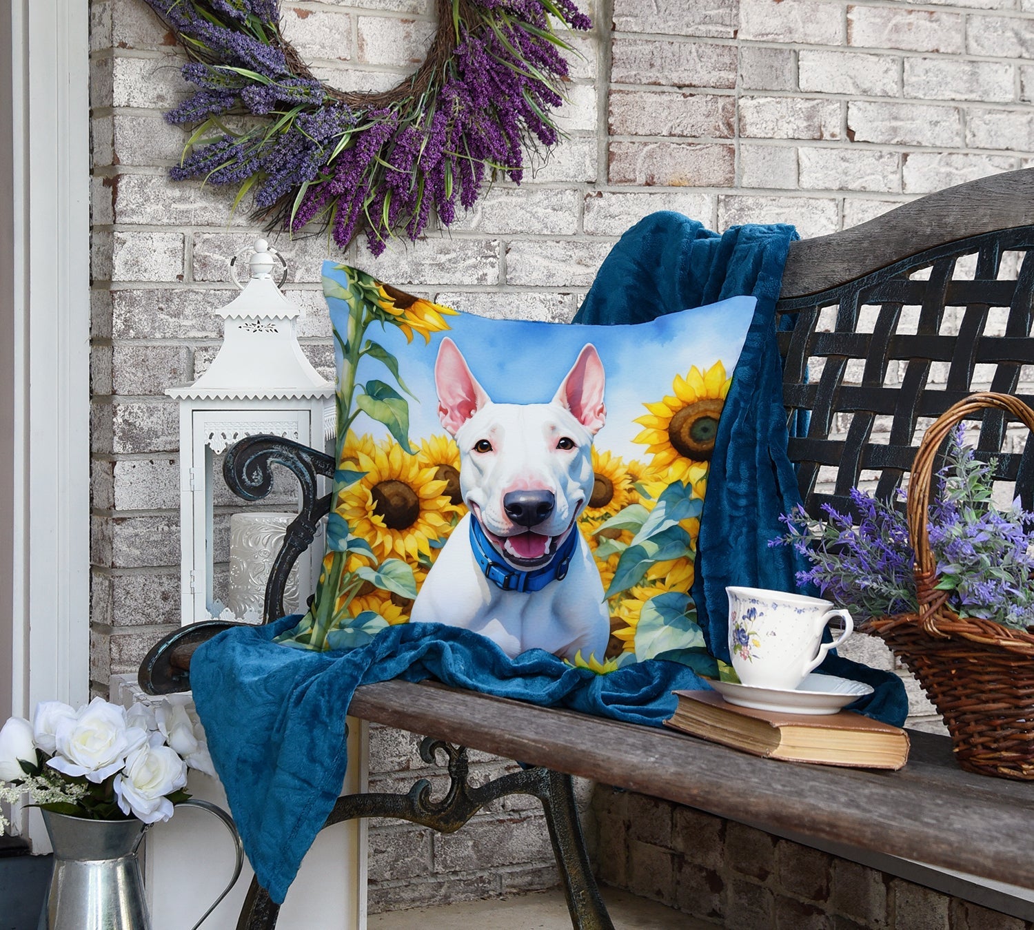 English Bull Terrier in Sunflowers Decorative Throw Pillow 18x18 Indoor Outdoor Accent Cushion, Fabric Cover with Insert for Sofa, Bed, Porch & Living Room