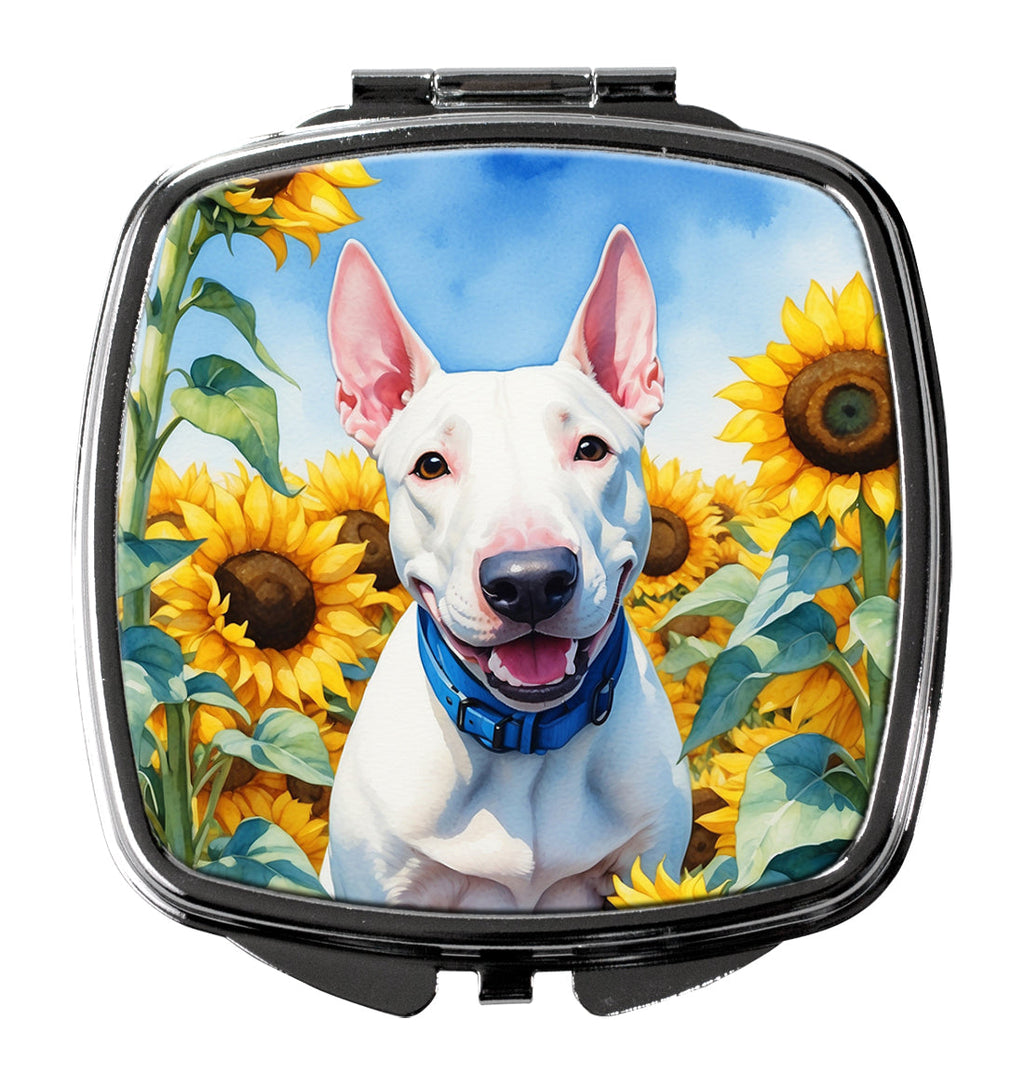 English Bull Terrier in Sunflowers Compact Mirror Decorative Travel Makeup Mirror for Women Girls Gifts Pocket Makeup Mirror Folding Handheld
