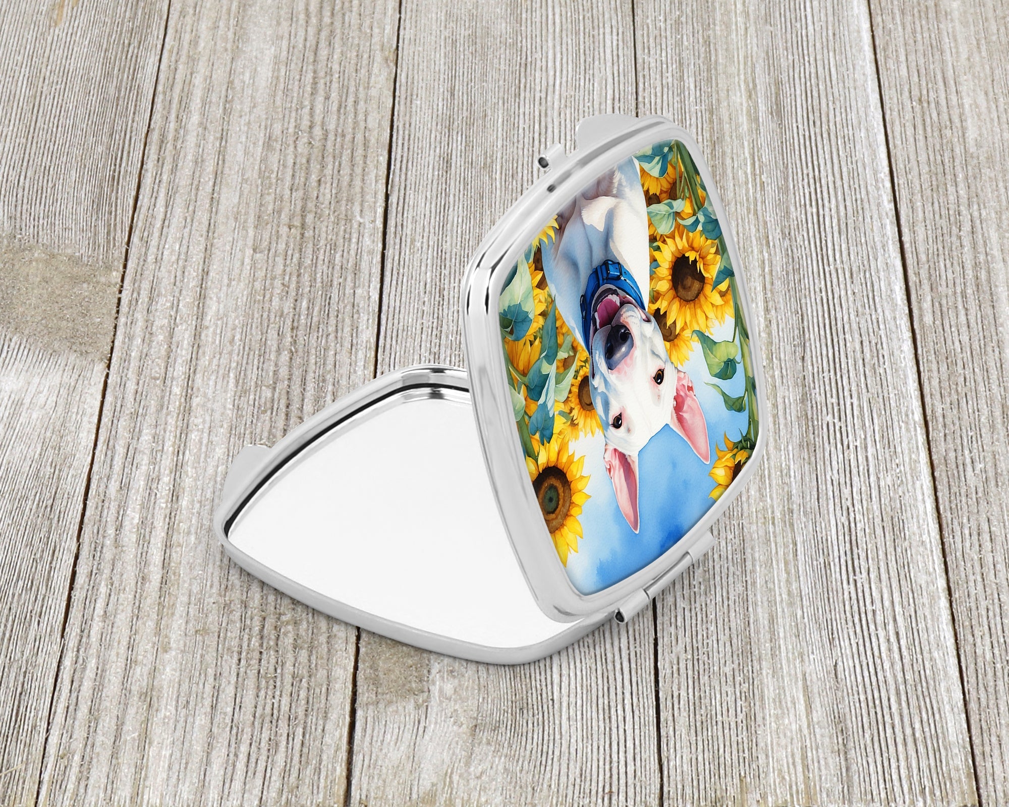 English Bull Terrier in Sunflowers Compact Mirror Decorative Travel Makeup Mirror for Women Girls Gifts Pocket Makeup Mirror Folding Handheld