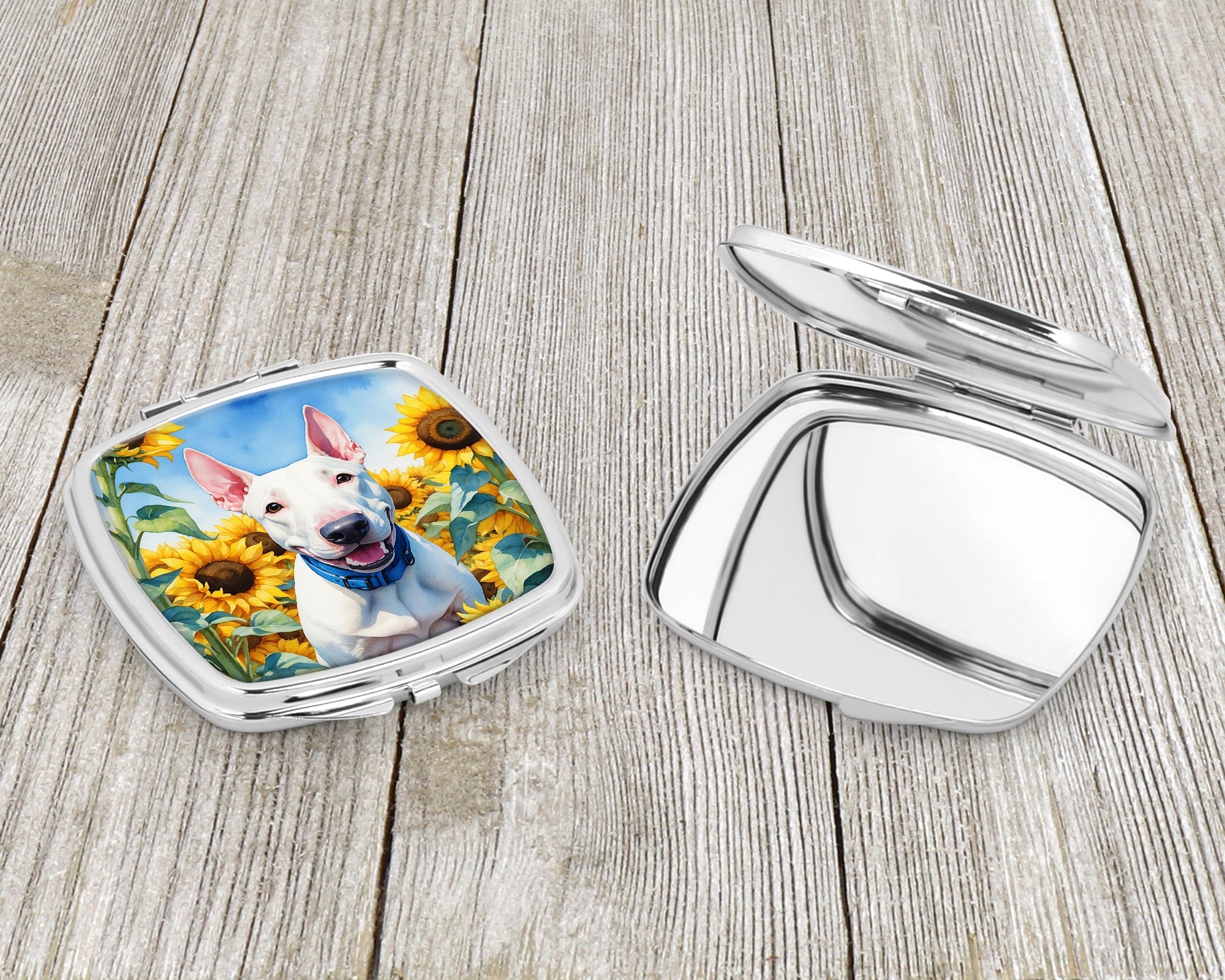 English Bull Terrier in Sunflowers Compact Mirror Decorative Travel Makeup Mirror for Women Girls Gifts Pocket Makeup Mirror Folding Handheld