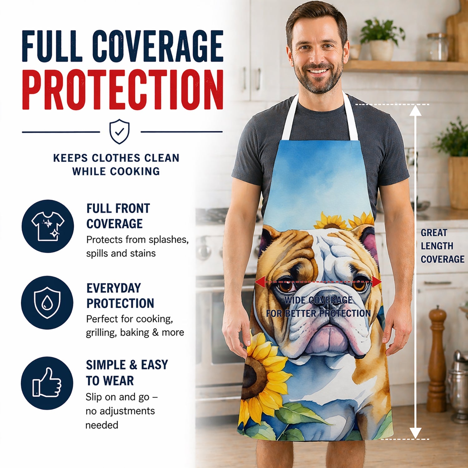 English Bulldog in Sunflowers Apron Cooking Kitchen Server Baking Crafts Gardening for Adult Women Men, Unisex, Large, Multicolor