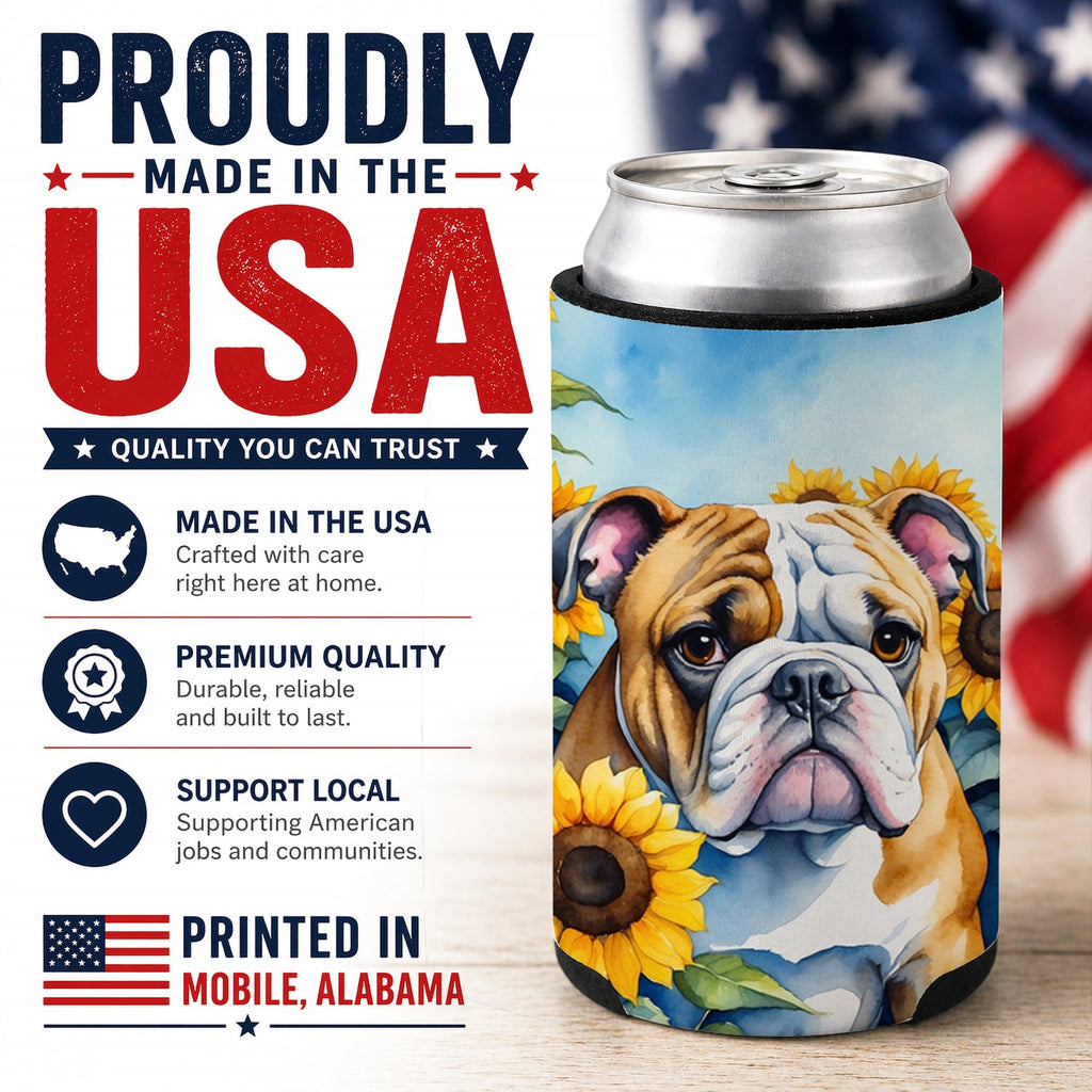 English Bulldog in Sunflowers Can or Bottle Hugger Cooler Sleeve for Standard 12 oz Cans, Insulated Foam Beer & Soda Can Hugger Reusable
