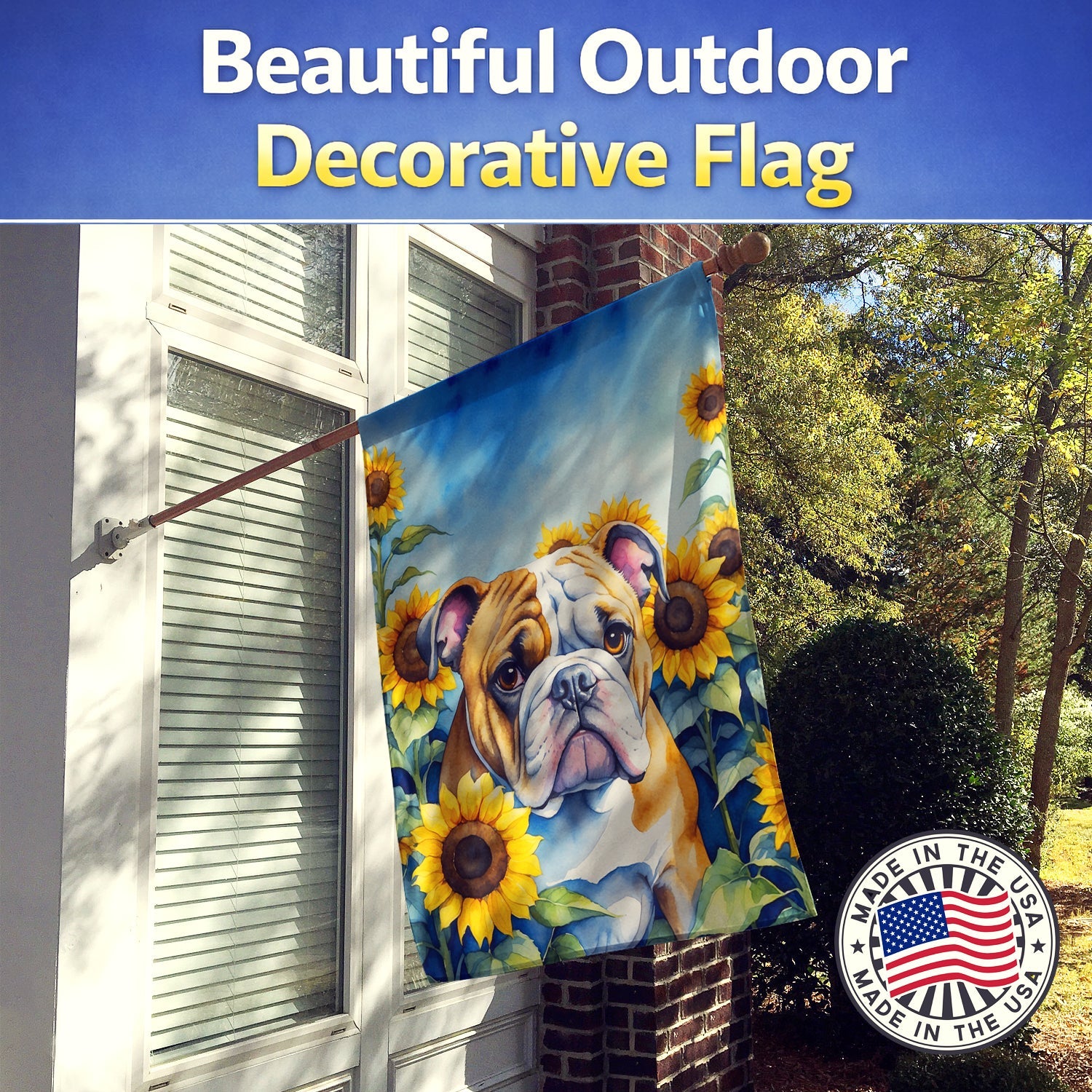 English Bulldog in Sunflowers House Flag 28x40 Porch Sleeve Pole Decorative Outside Yard Banner Artwork Wall Hanging, Polyester