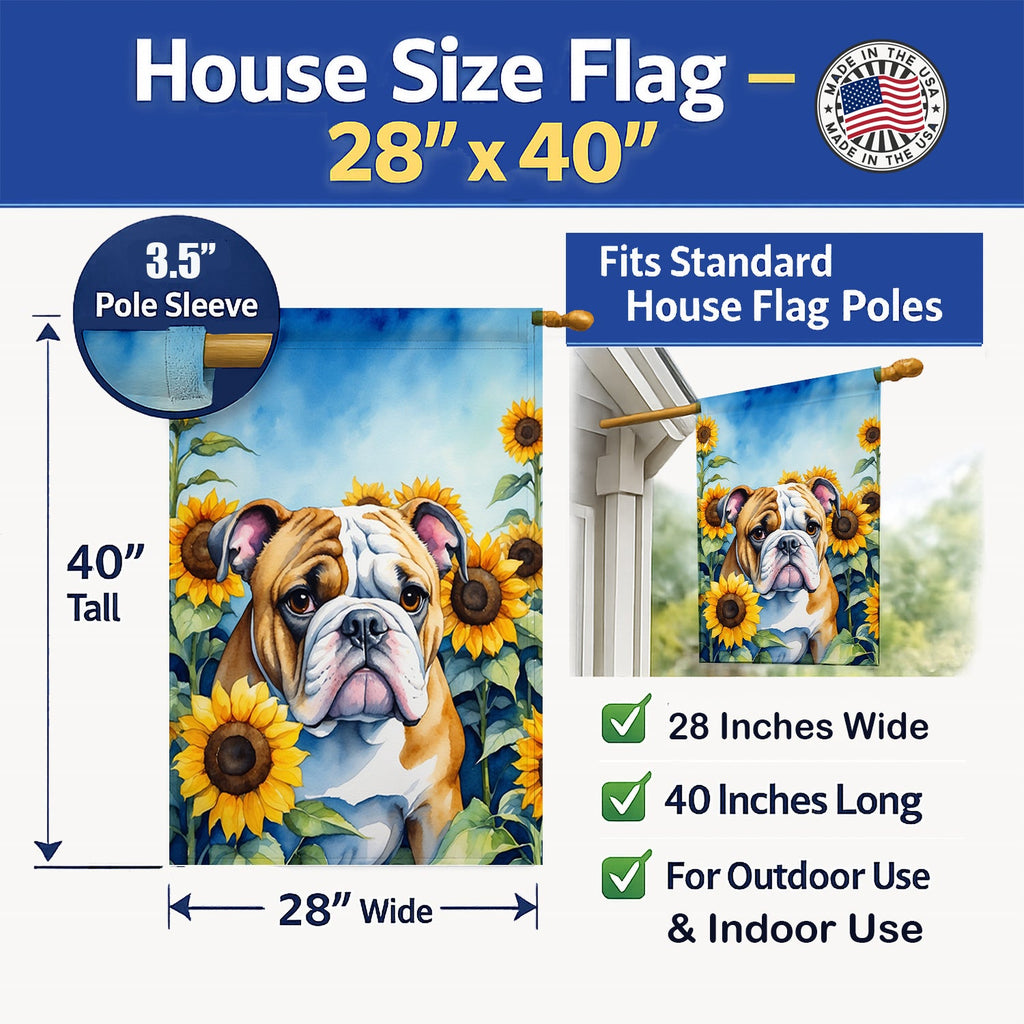 English Bulldog in Sunflowers House Flag 28x40 Porch Sleeve Pole Decorative Outside Yard Banner Artwork Wall Hanging, Polyester