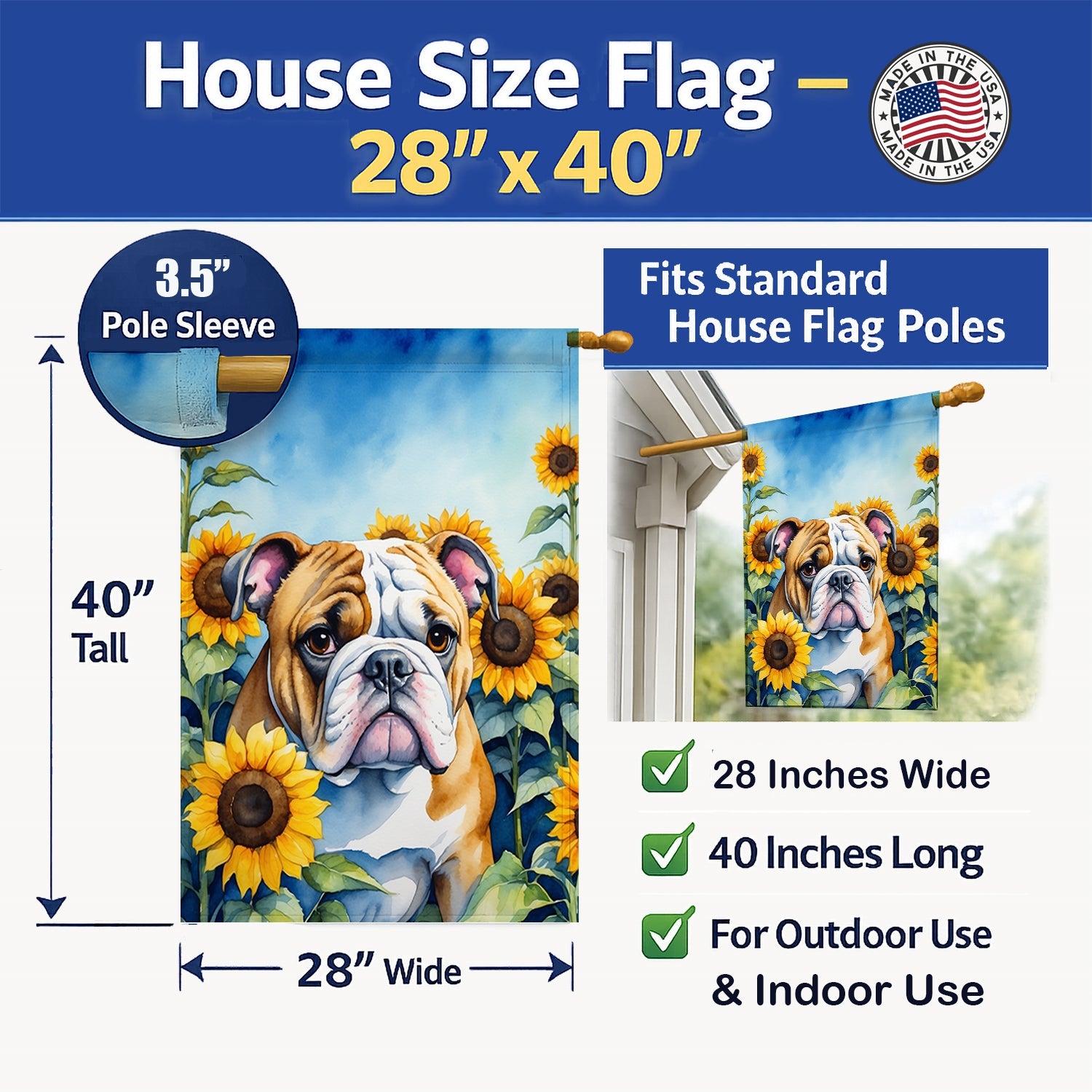 English Bulldog in Sunflowers House Flag 28x40 Porch Sleeve Pole Decorative Outside Yard Banner Artwork Wall Hanging, Polyester