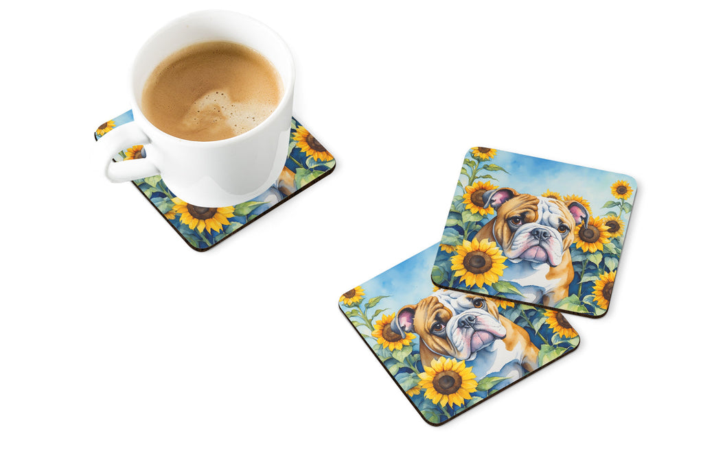 English Bulldog in Sunflowers Foam Coasters Set of 4 Cup Coasters for Indoor Outdoor, Tabletop Protection, Anti Slip, Mouse pad Material