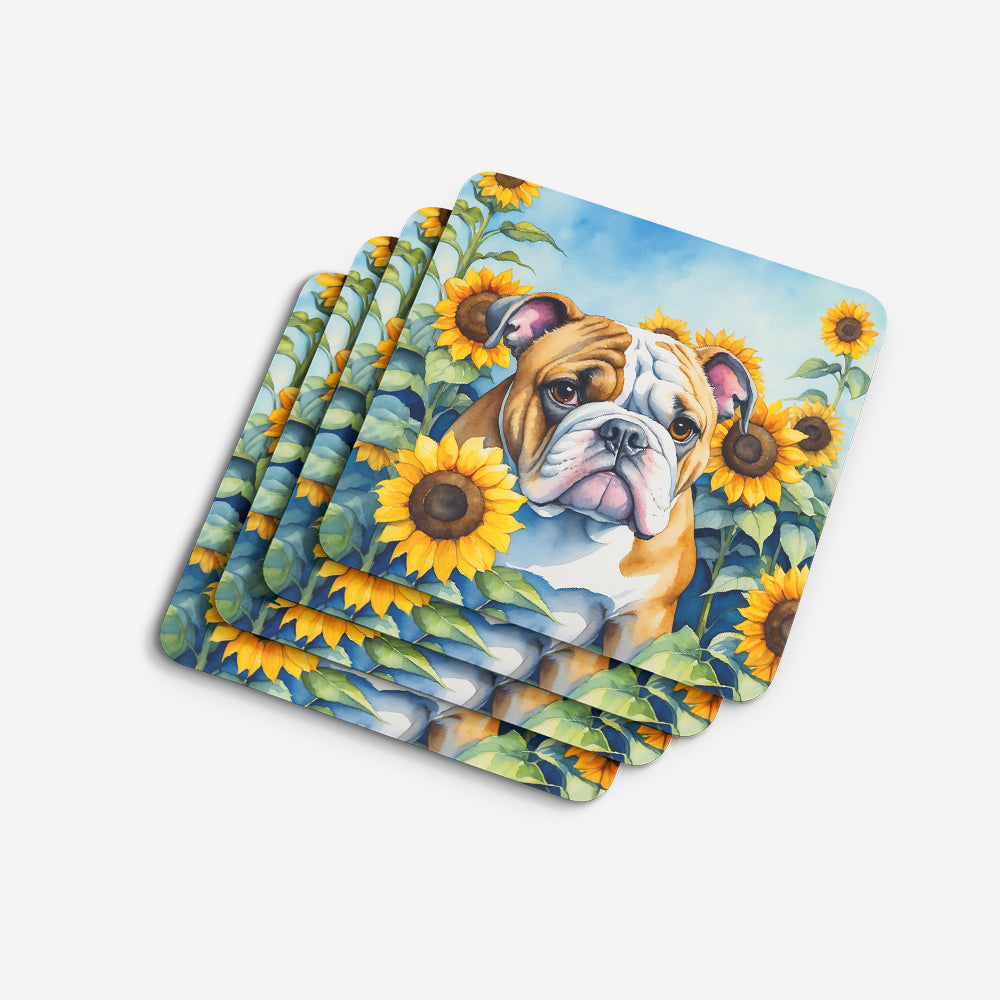 English Bulldog in Sunflowers Foam Coasters Set of 4 Cup Coasters for Indoor Outdoor, Tabletop Protection, Anti Slip, Mouse pad Material