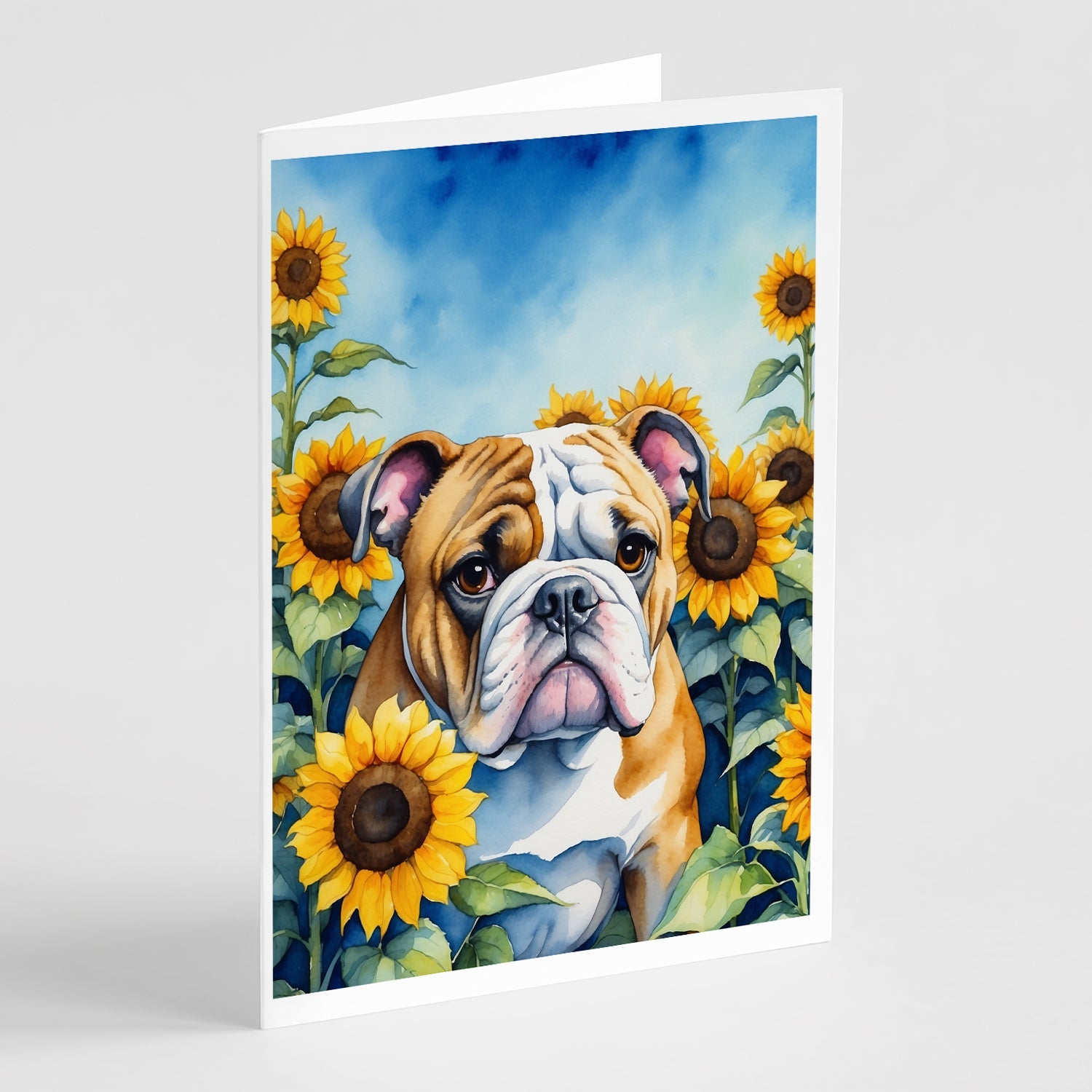 English Bulldog in Sunflowers Greeting Cards Pack of 8 Blank Cards with Envelopes Whimsical A7 Size 5x7