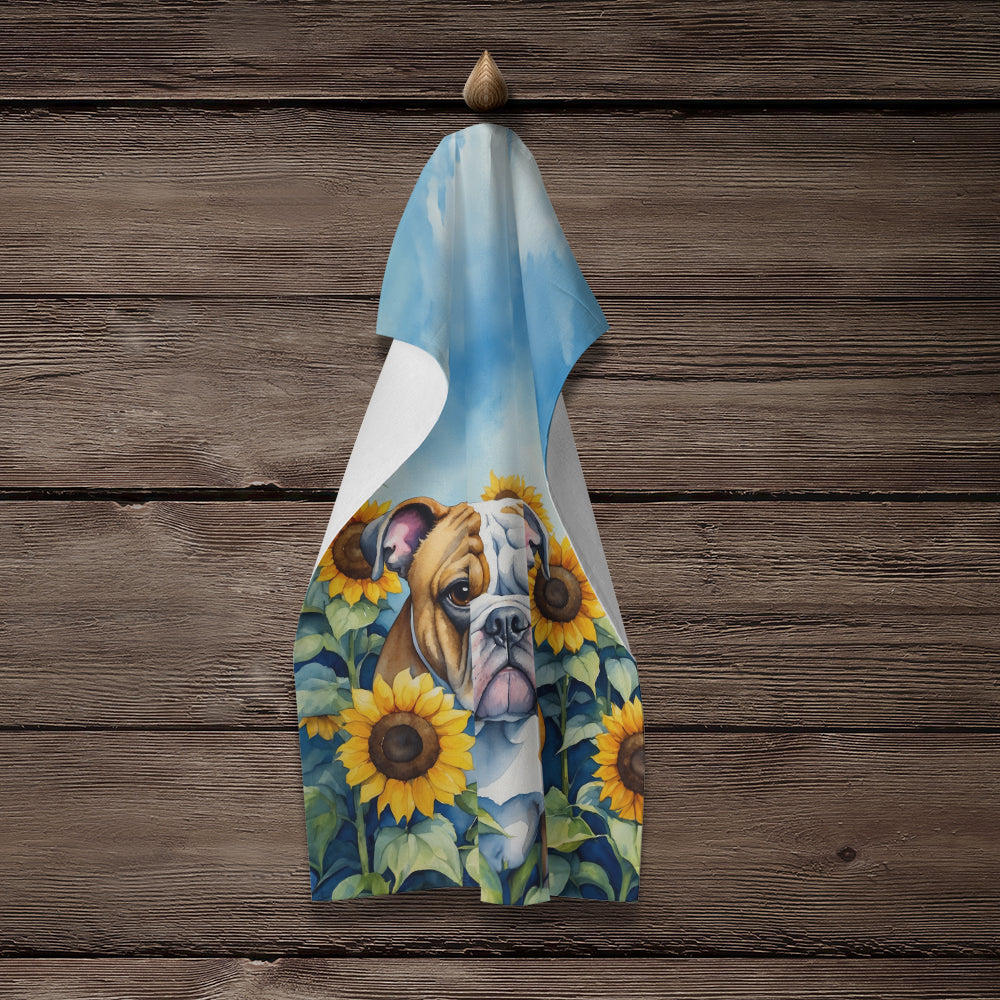 English Bulldog in Sunflowers Kitchen Towel Velour Plush Front and Cotton Loop Back Machine Washable