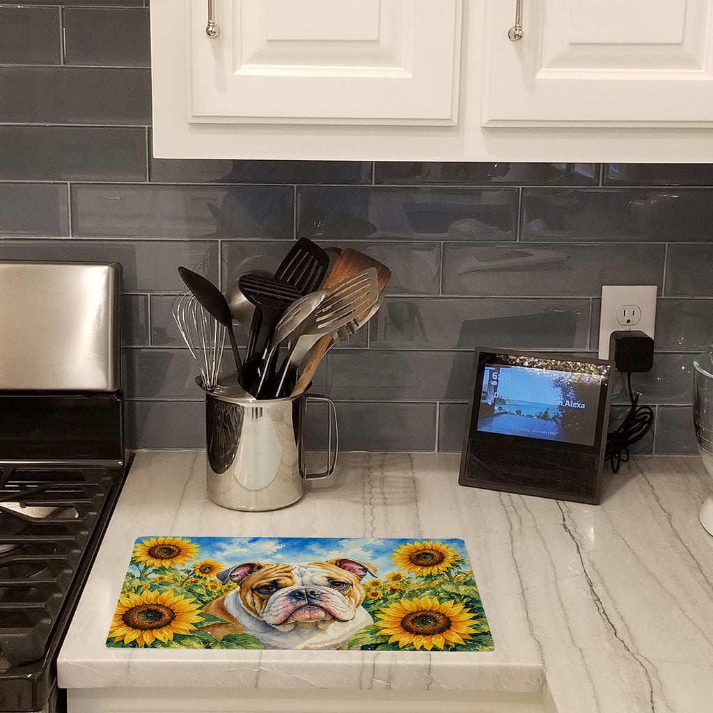 English Bulldog in Sunflowers Cutting Board Tempered Glass Kitchen Cutting Surface, Heat Resistant Chopping Board with Non-Slip Feet, Decorative Food Prep & Serving