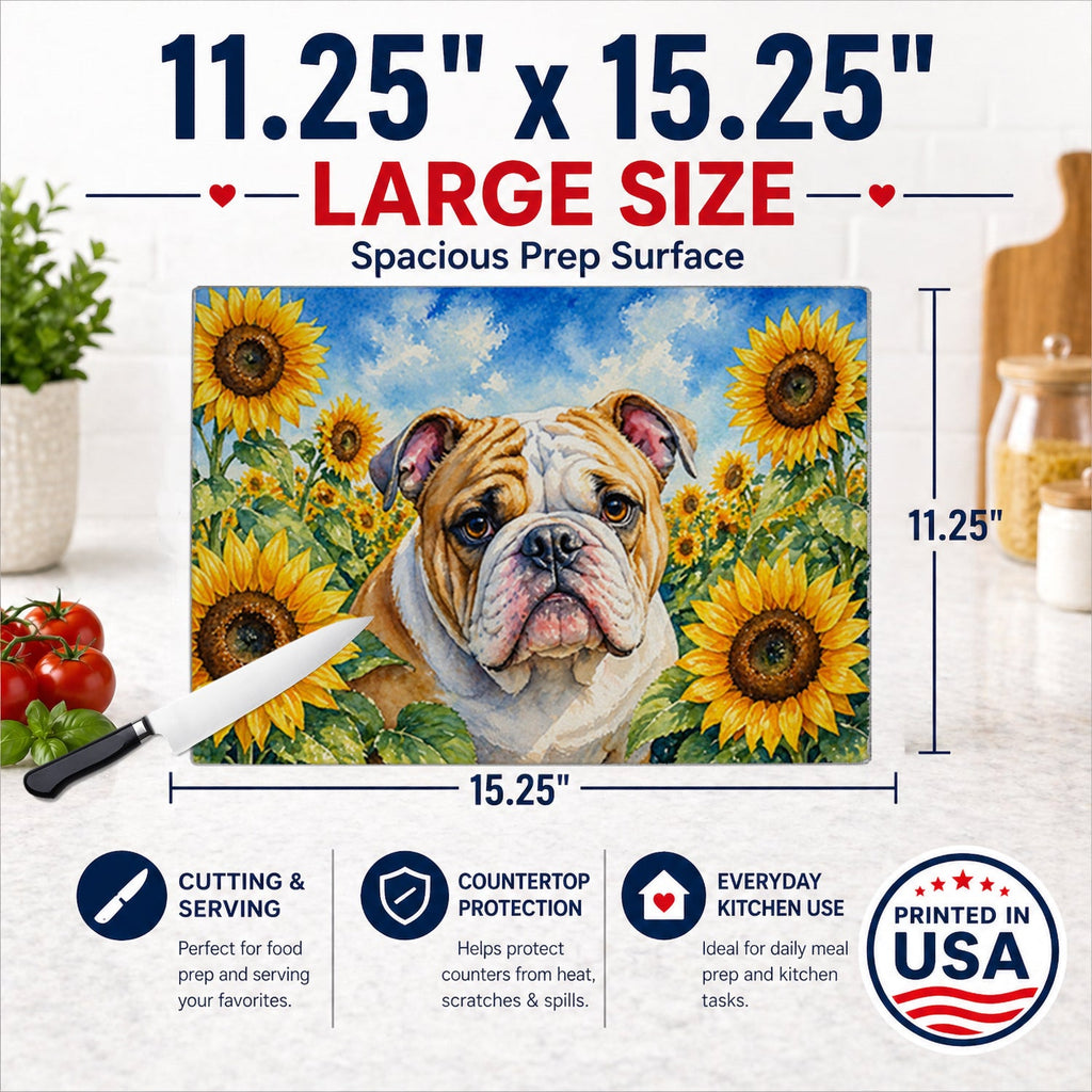 English Bulldog in Sunflowers Cutting Board Tempered Glass Kitchen Cutting Surface, Heat Resistant Chopping Board with Non-Slip Feet, Decorative Food Prep & Serving
