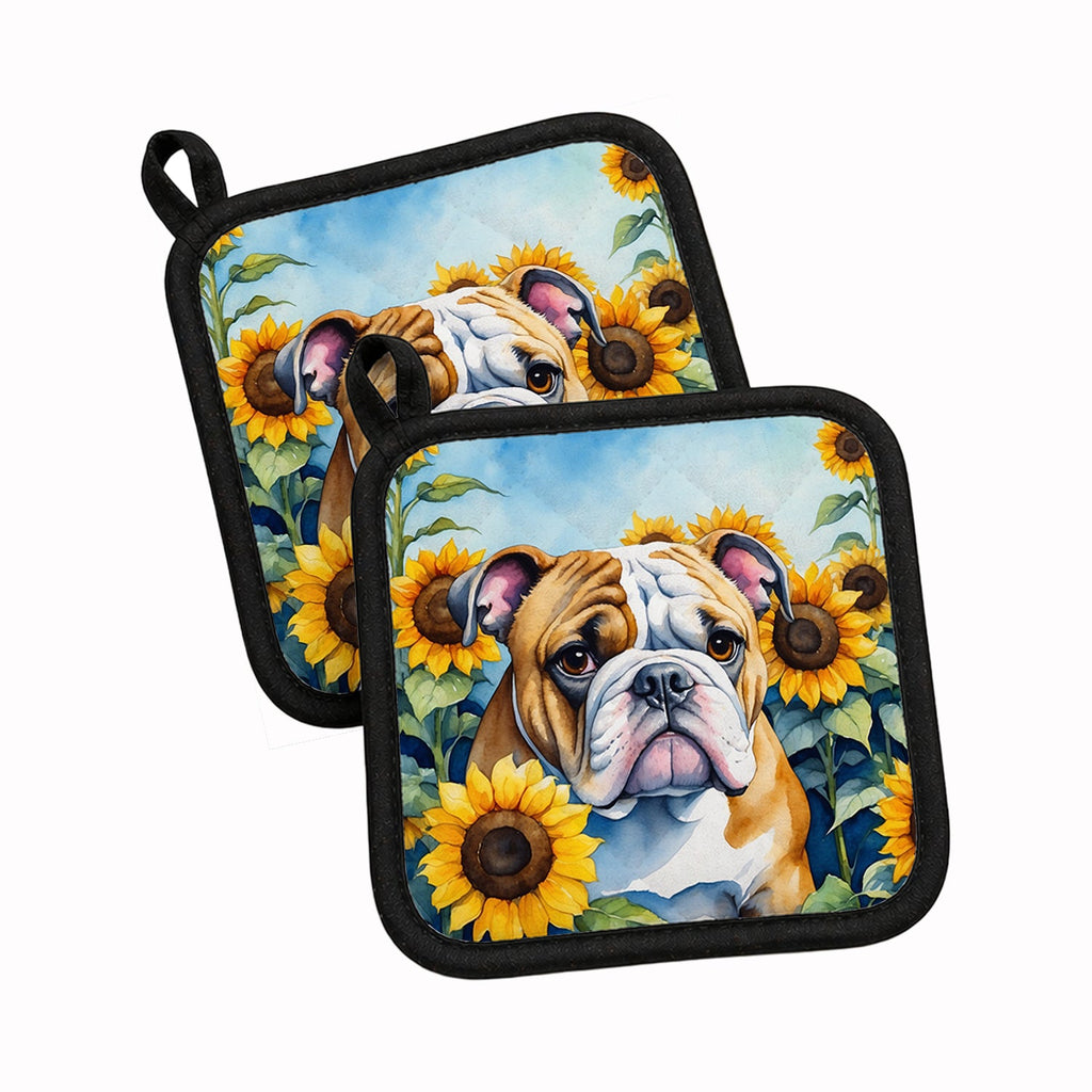English Bulldog in Sunflowers Pot Holder Set of 2 Heat Resistant Quilted Hot Pads 7.5 x 7.5 Inch, Insulated Kitchen Trivets for Cooking & Baking