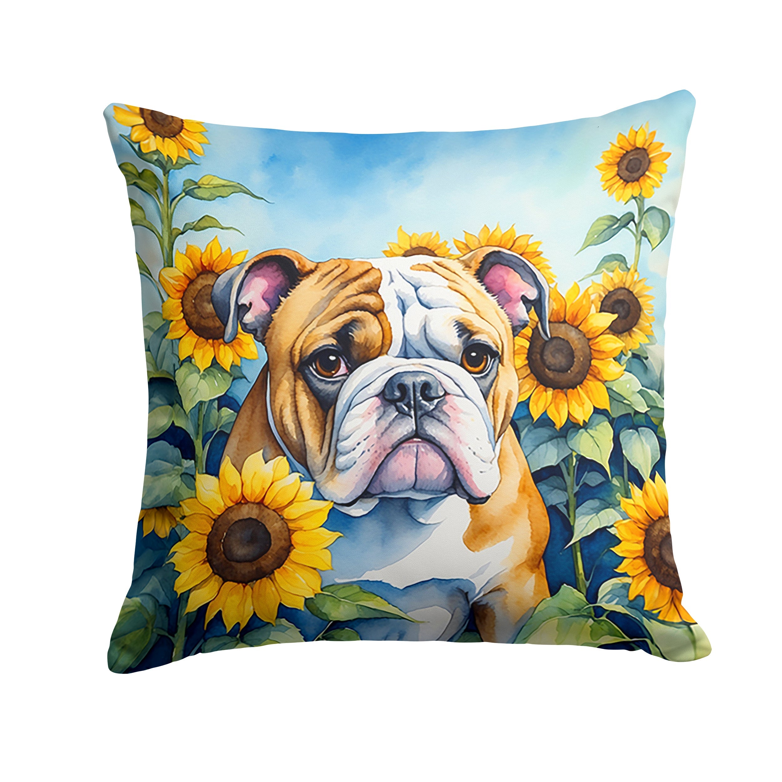 English Bulldog in Sunflowers Decorative Throw Pillow 14x14 Indoor Outdoor Accent Cushion, Fabric Cover with Insert for Sofa, Bed, Porch & Living Room