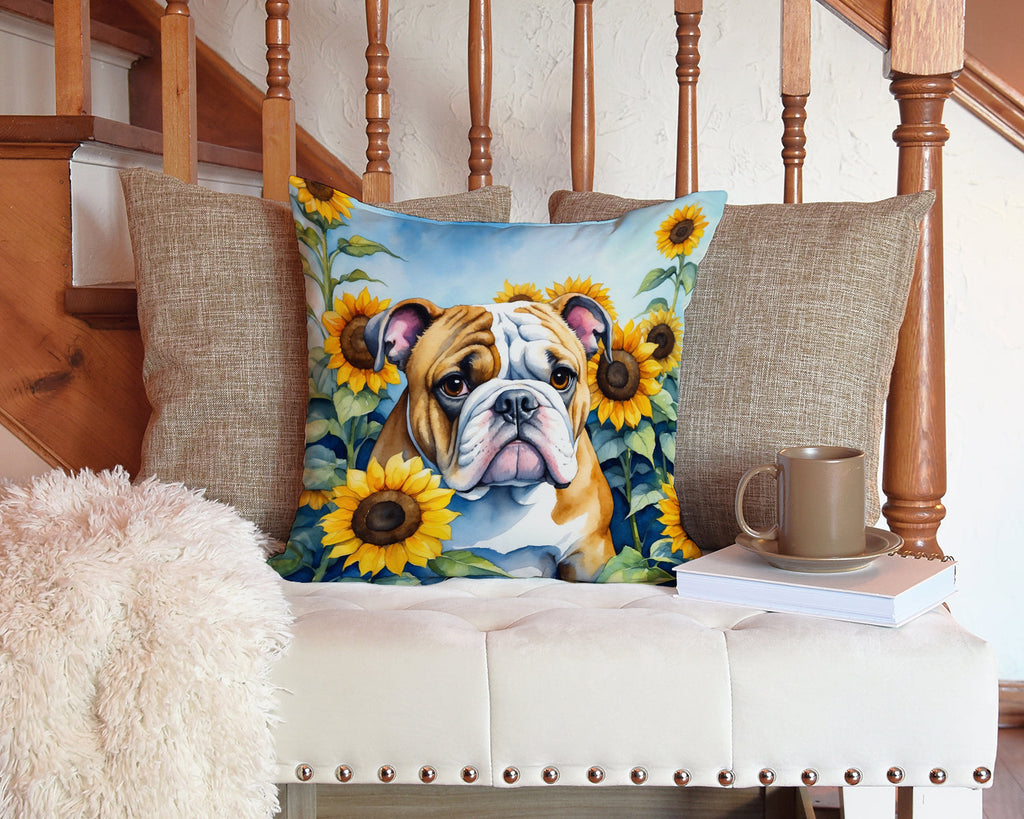 English Bulldog in Sunflowers Decorative Throw Pillow 14x14 Indoor Outdoor Accent Cushion, Fabric Cover with Insert for Sofa, Bed, Porch & Living Room
