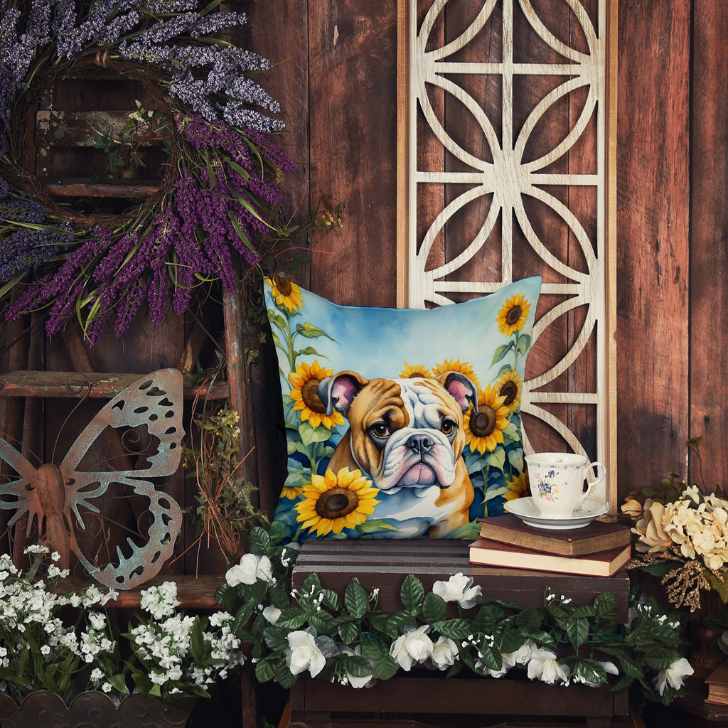 English Bulldog in Sunflowers Decorative Throw Pillow 14x14 Indoor Outdoor Accent Cushion, Fabric Cover with Insert for Sofa, Bed, Porch & Living Room