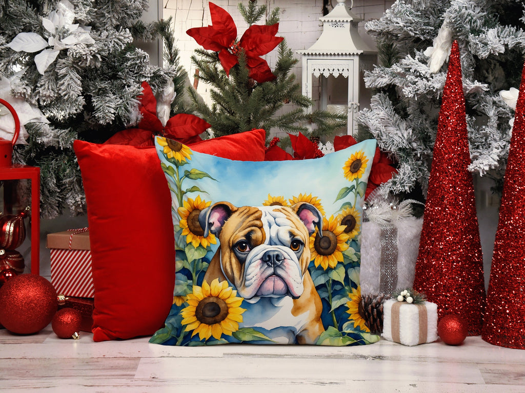 English Bulldog in Sunflowers Decorative Throw Pillow 14x14 Indoor Outdoor Accent Cushion, Fabric Cover with Insert for Sofa, Bed, Porch & Living Room