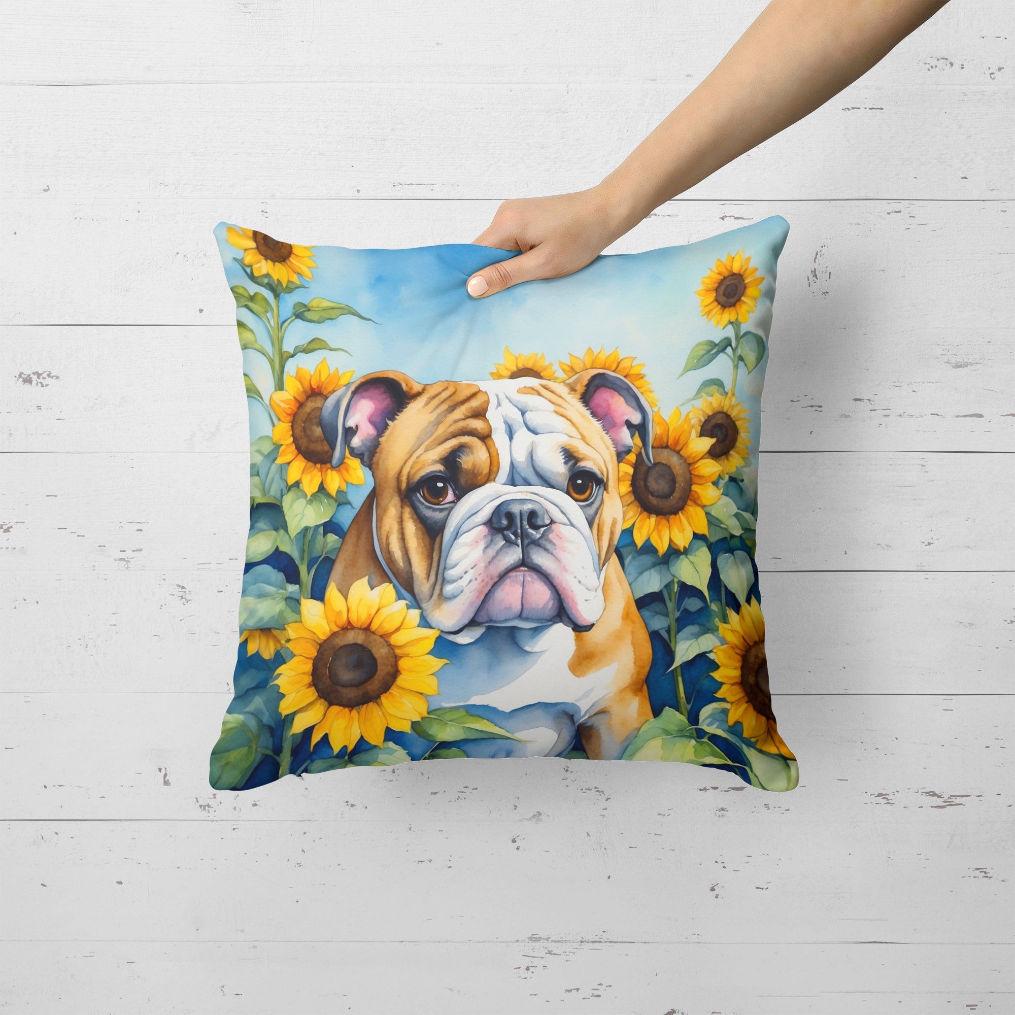 English Bulldog in Sunflowers Decorative Throw Pillow 18x18 Indoor Outdoor Accent Cushion, Fabric Cover with Insert for Sofa, Bed, Porch & Living Room