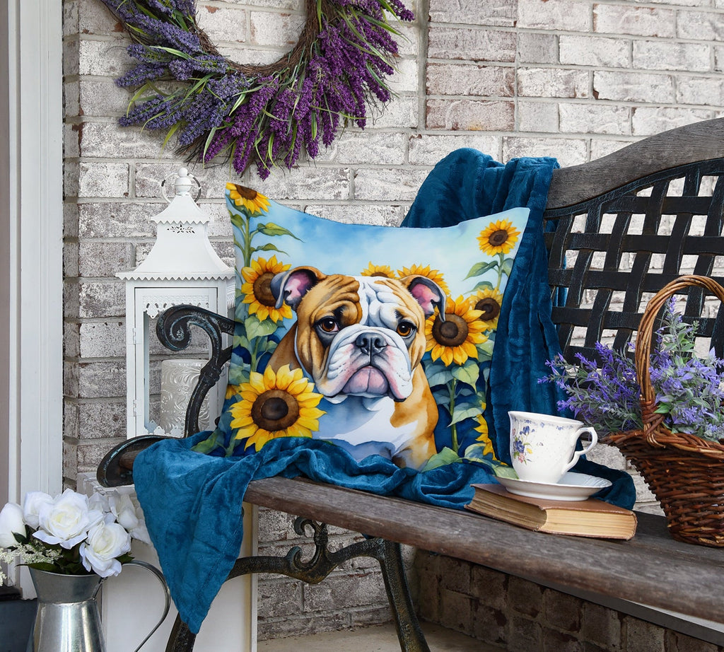 English Bulldog in Sunflowers Decorative Throw Pillow 18x18 Indoor Outdoor Accent Cushion, Fabric Cover with Insert for Sofa, Bed, Porch & Living Room