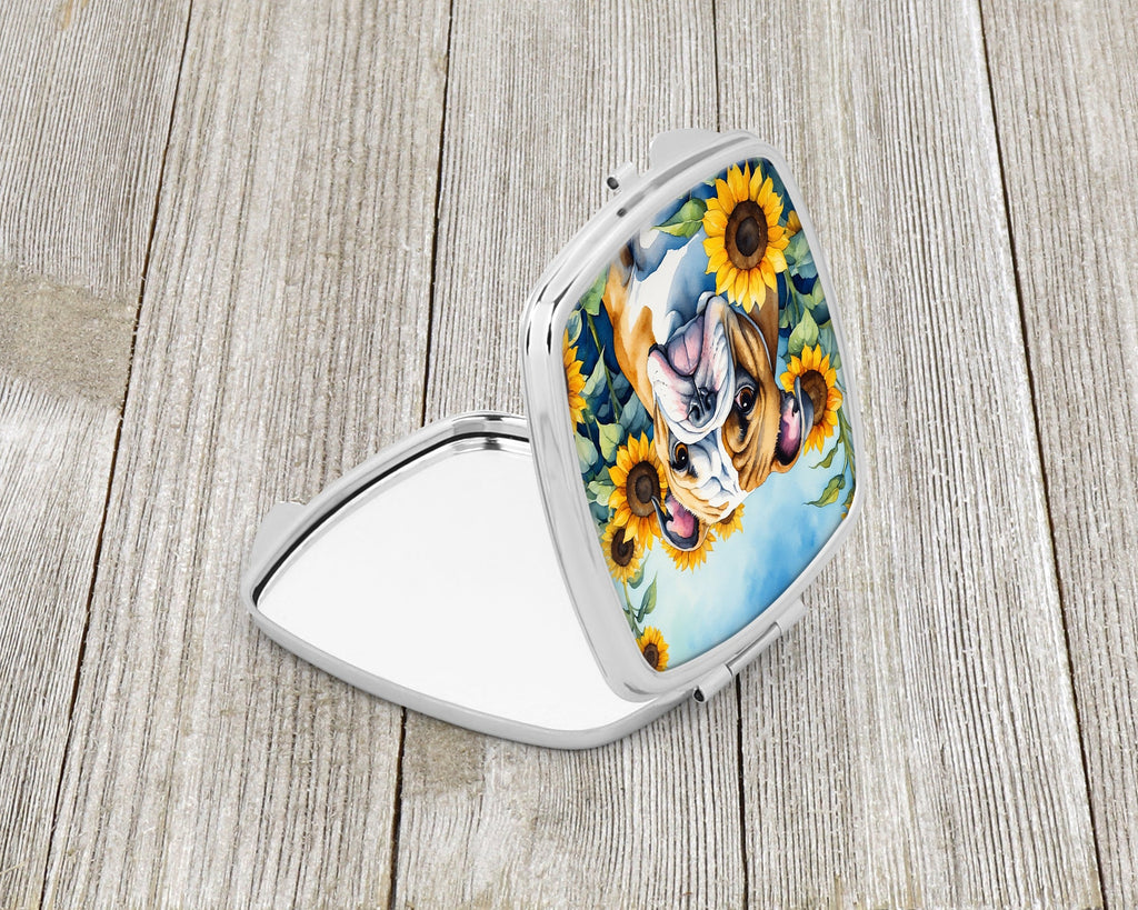 English Bulldog in Sunflowers Compact Mirror Decorative Travel Makeup Mirror for Women Girls Gifts Pocket Makeup Mirror Folding Handheld