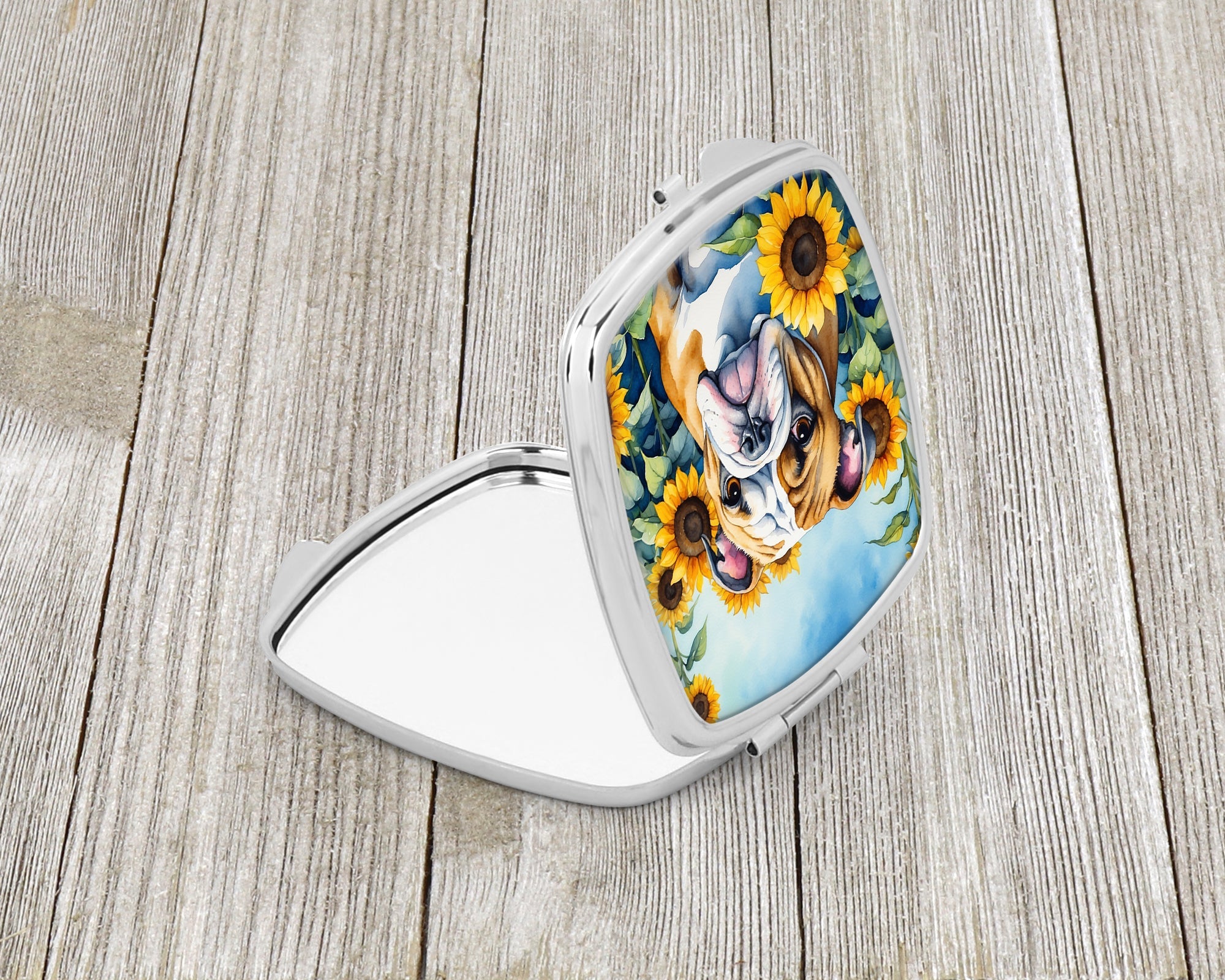 English Bulldog in Sunflowers Compact Mirror Decorative Travel Makeup Mirror for Women Girls Gifts Pocket Makeup Mirror Folding Handheld